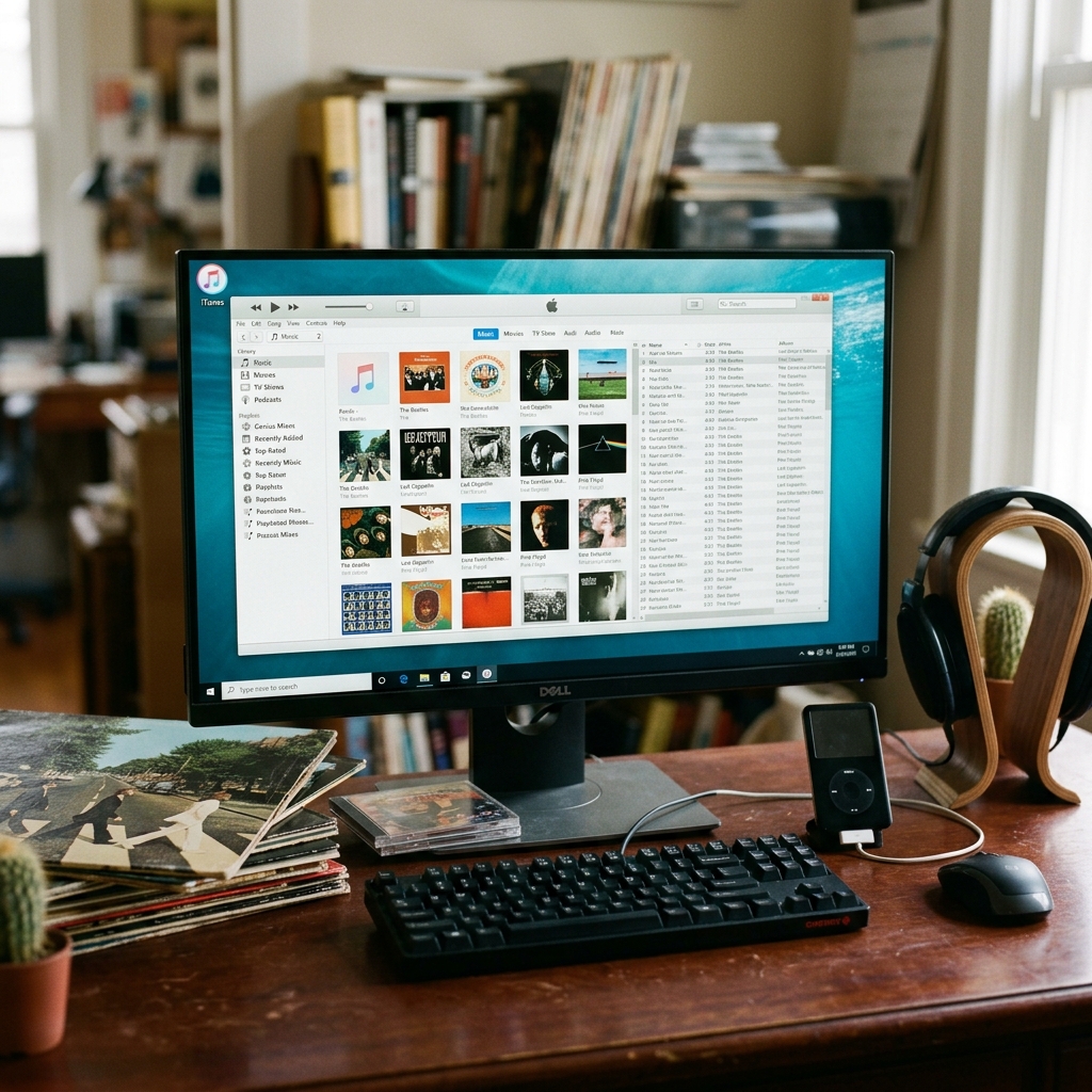 Arbeitsplatz mit einem Computerbildschirm, Musik-CDs und einem Kopfhörer.