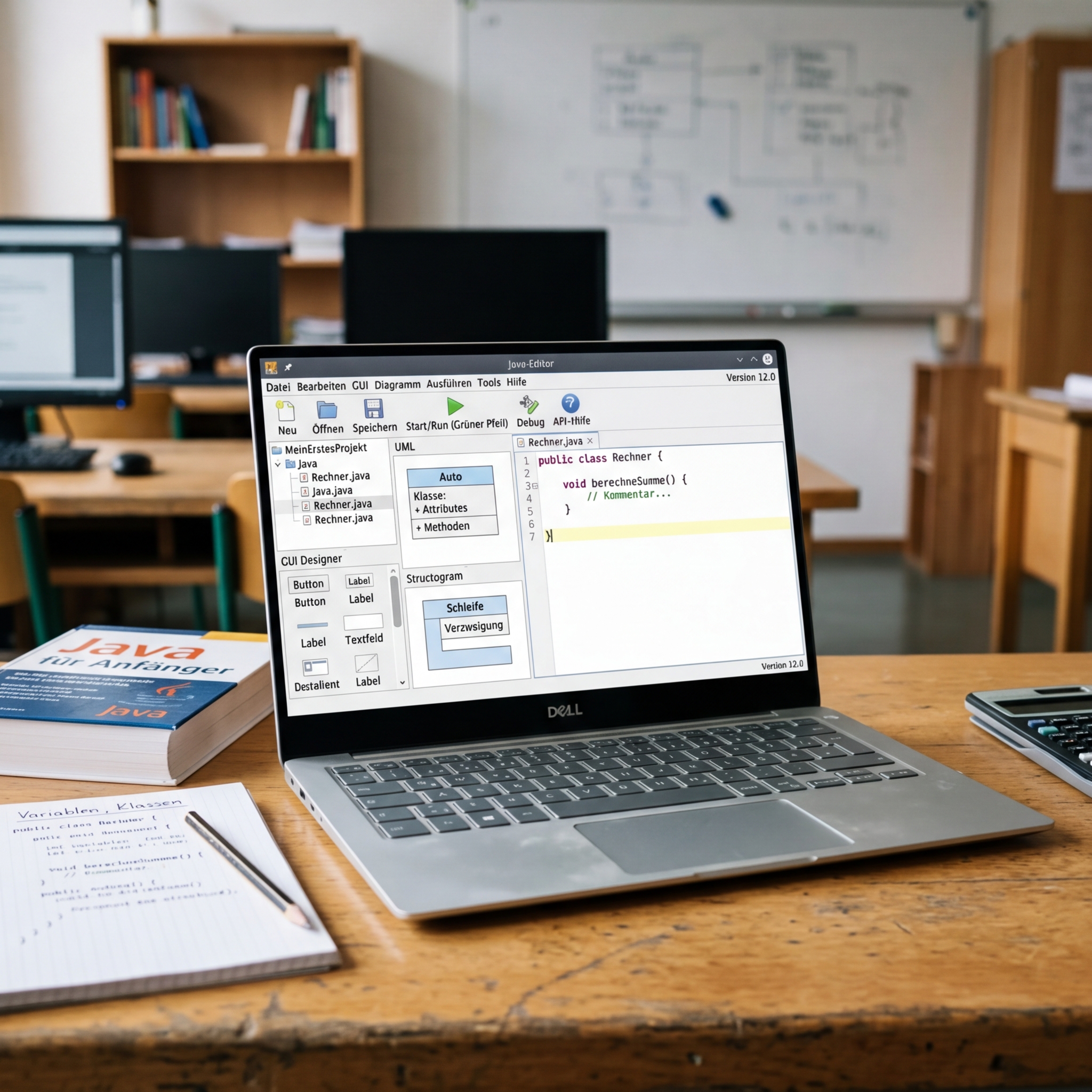 Ein Laptop zeigt einen Java-Editor mit Code und einer Anleitung.