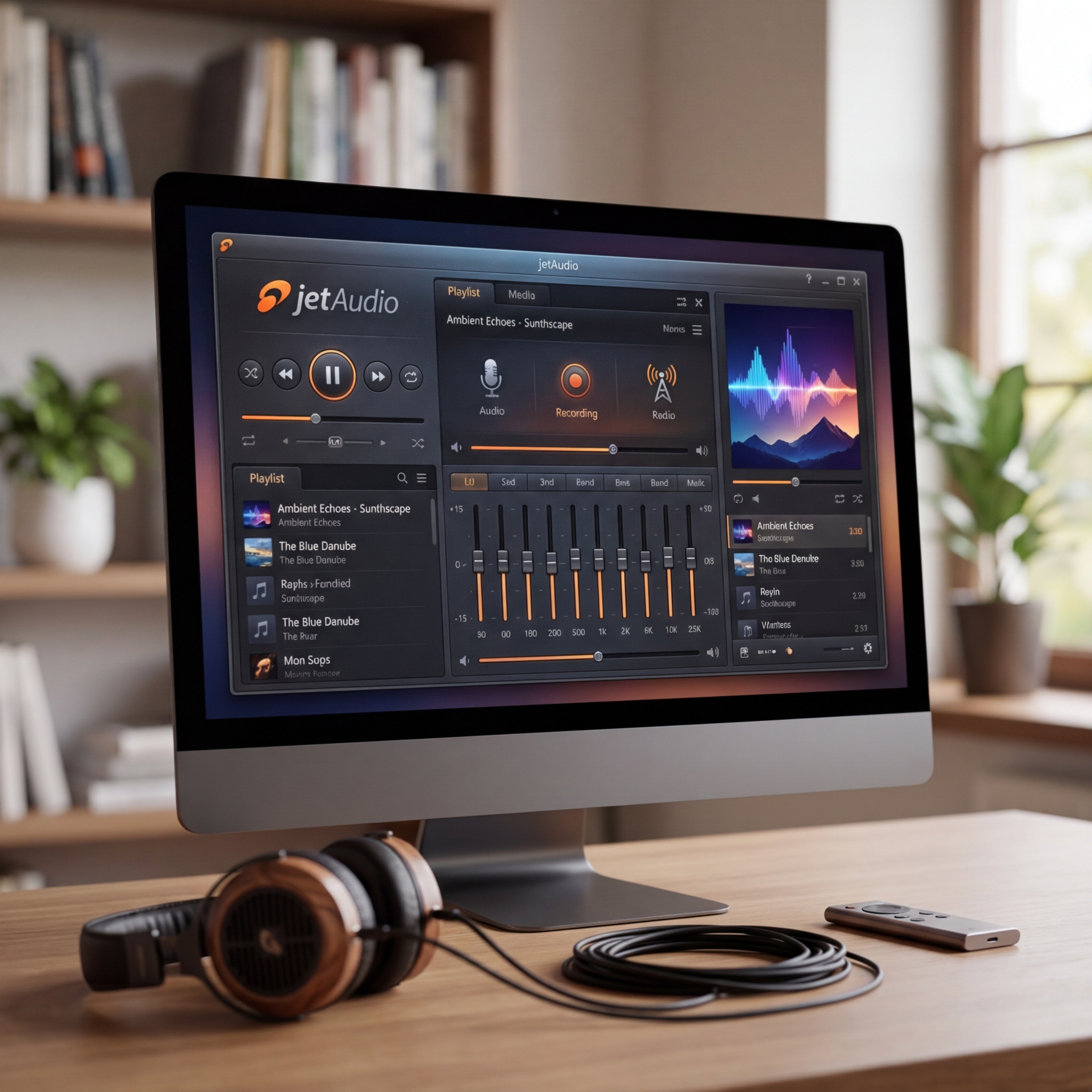 Bildschirm mit jetAudio-Musiksoftware und Kopfhörern auf einem Tisch
