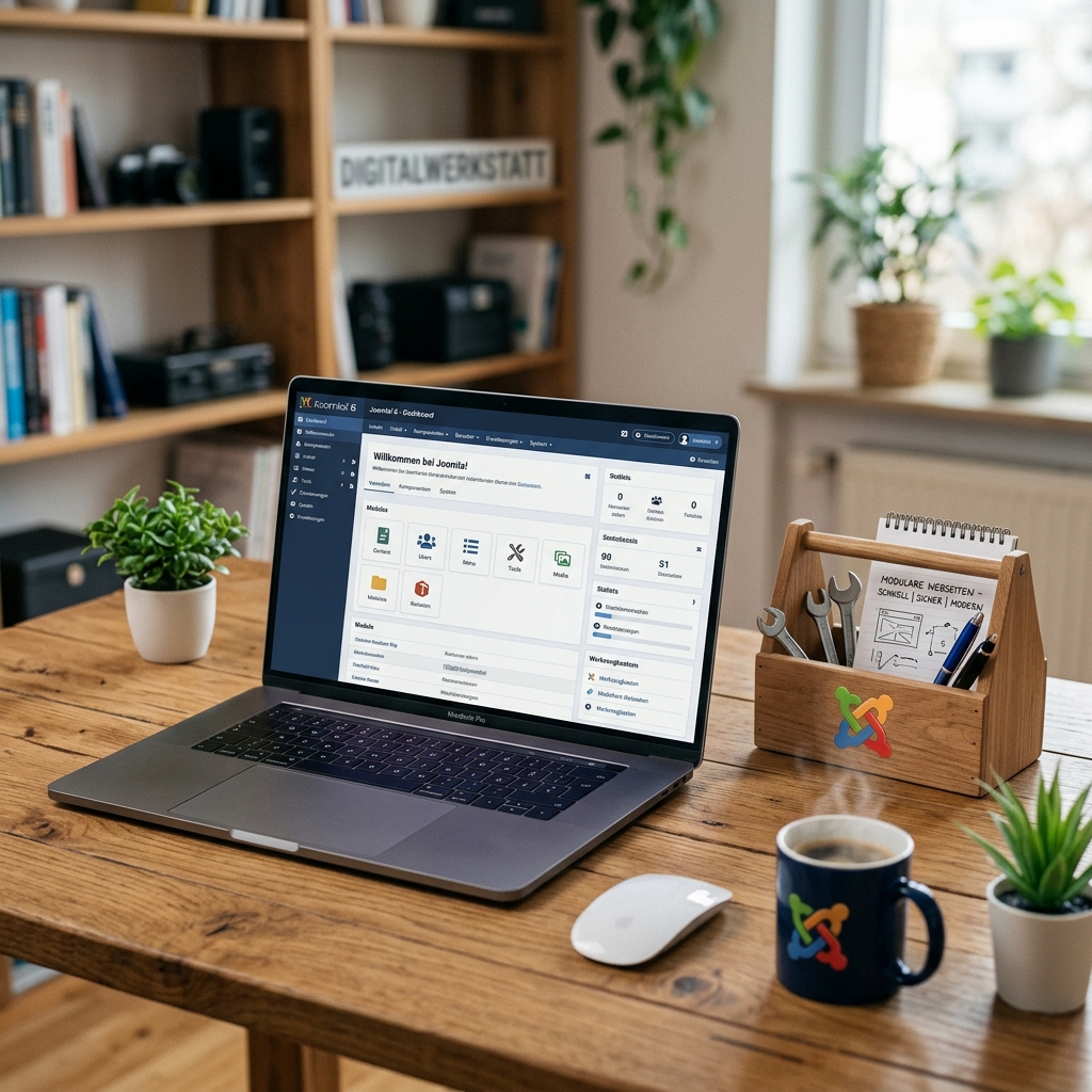 Laptop mit Joomla-Dashboard auf einem Holzschreibtisch