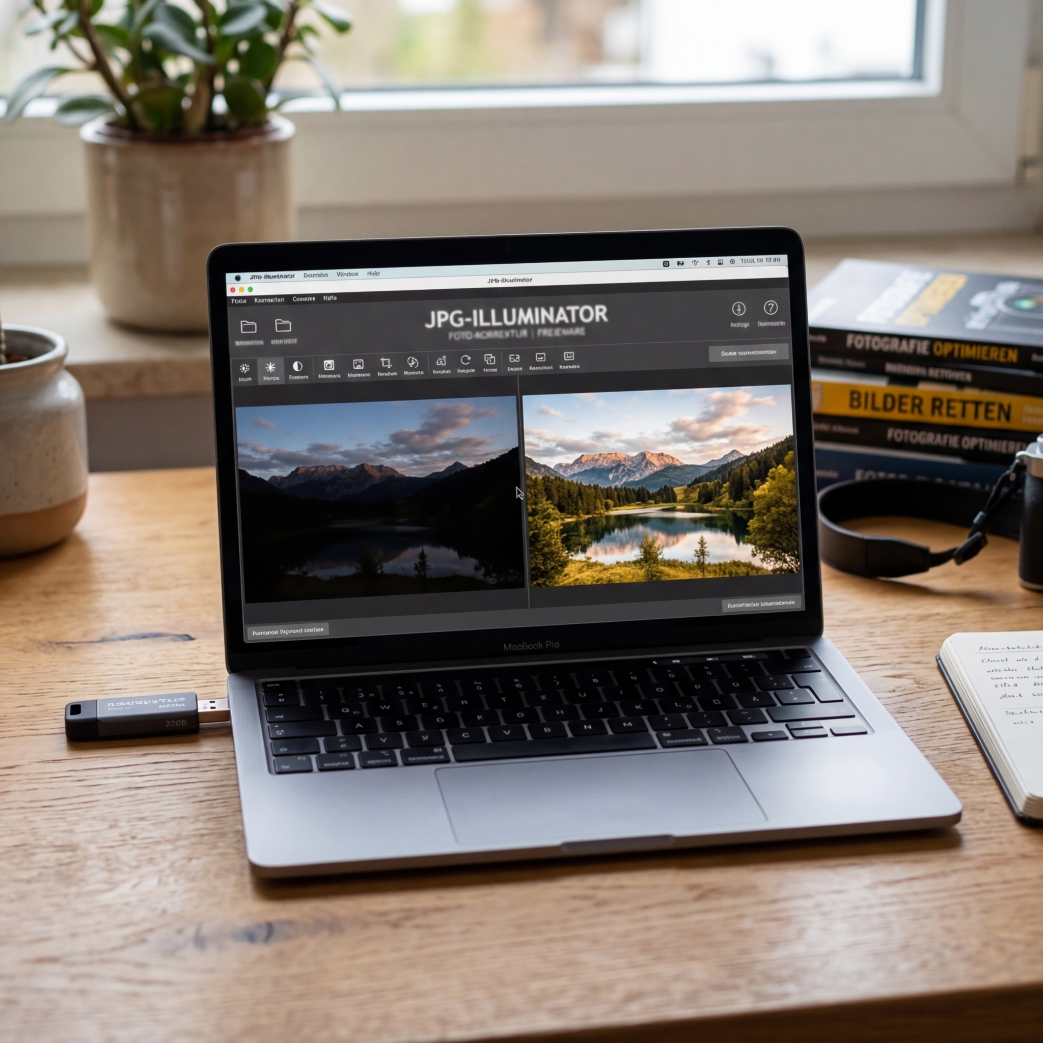 Laptop mit geöffnetem Bildbearbeitungsprogramm und USB-Stick