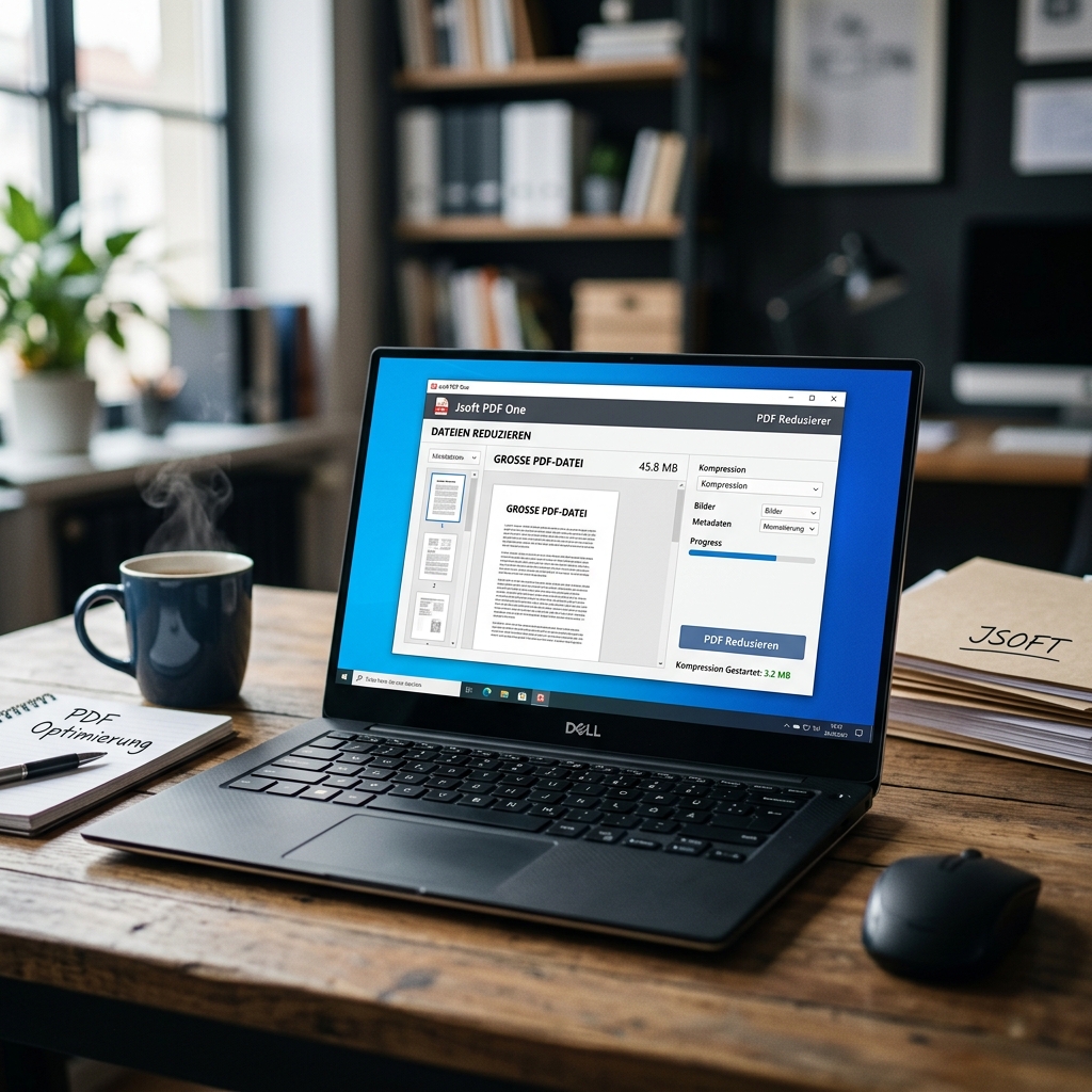 Laptop zeigt Programm zur PDF-Datei Kompression, Tasse Kaffee und Notizblock daneben