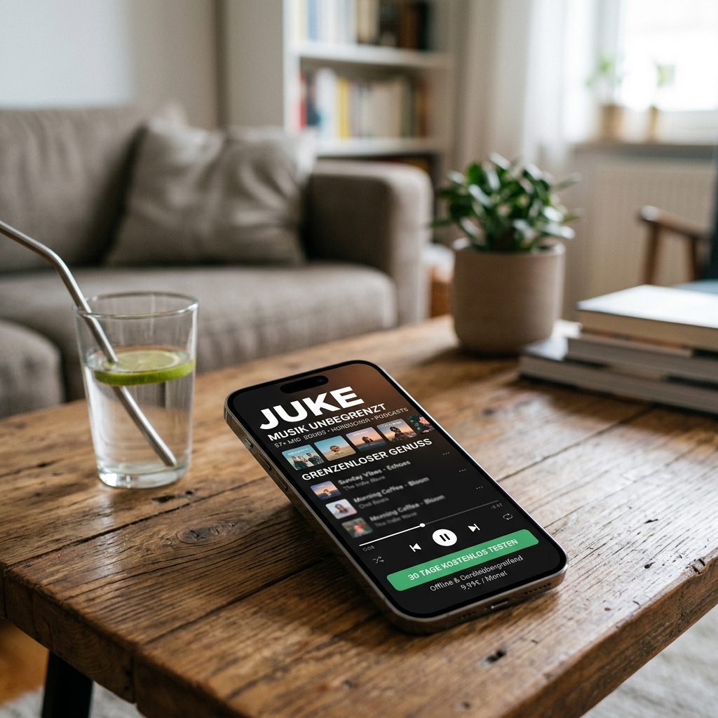 Smartphone zeigt Musik-App, daneben ein Glas mit Lime und Strohhalm