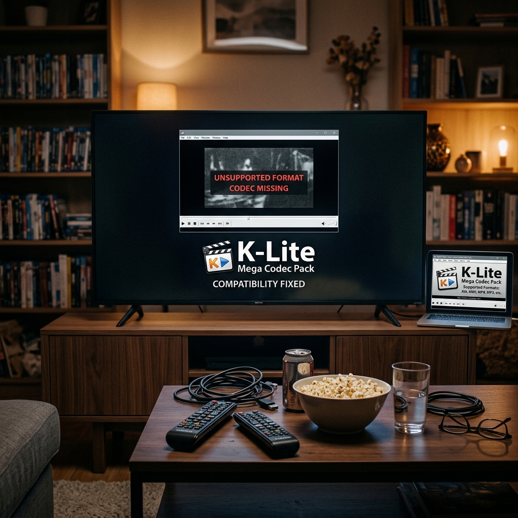 Fernseher und Laptop mit K-Lite Codec Pack Anzeige