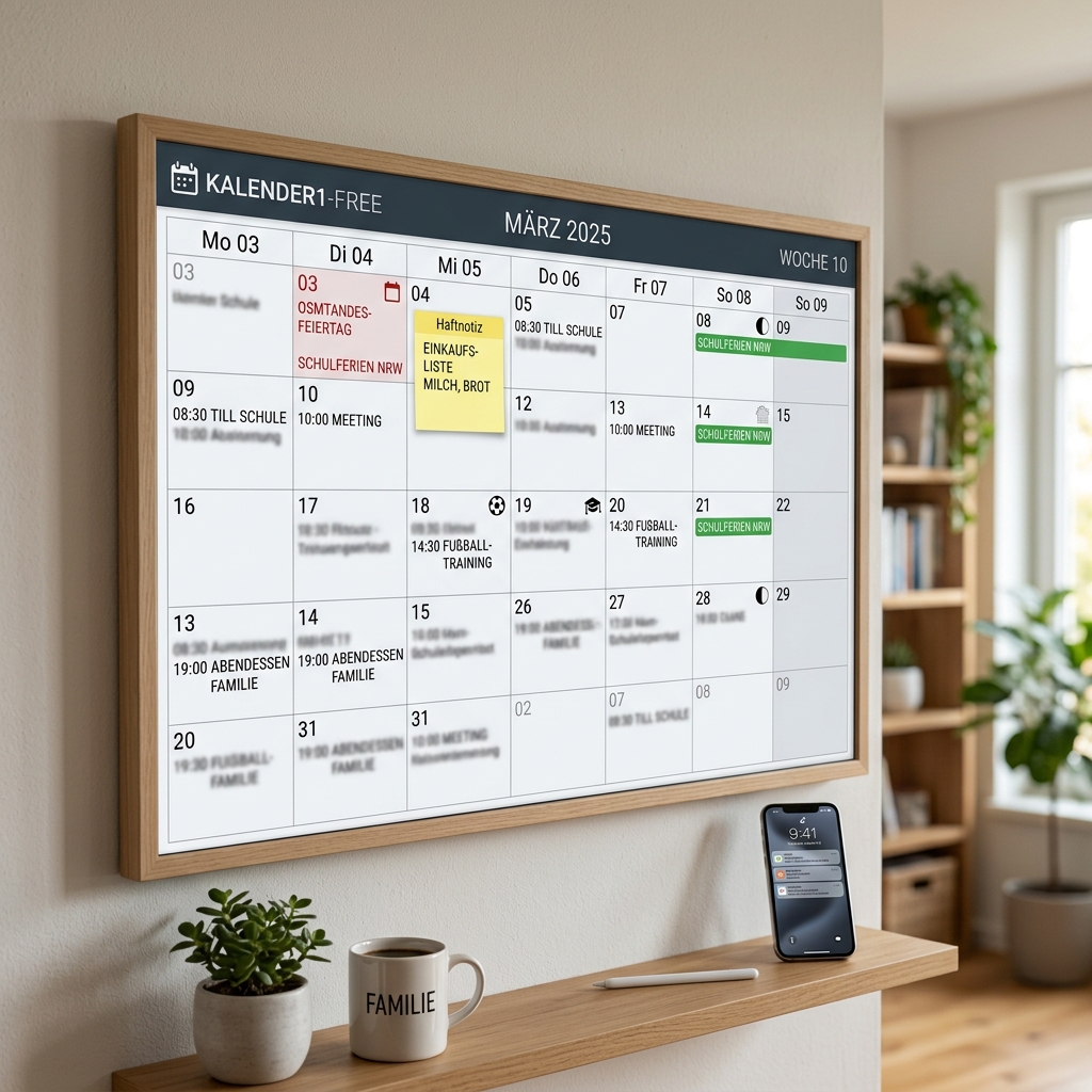 Wandkalender für den Monat März 2025 mit Notizen