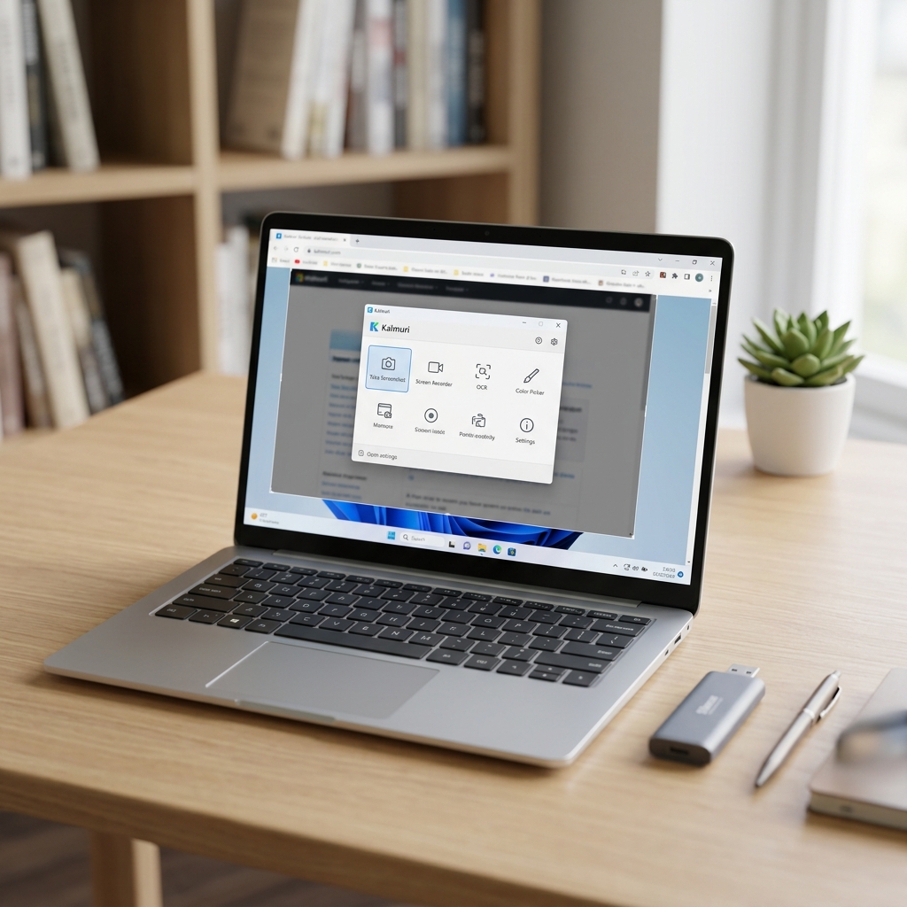 Laptop auf Holztisch mit Softwareanwendung und USB-Stick