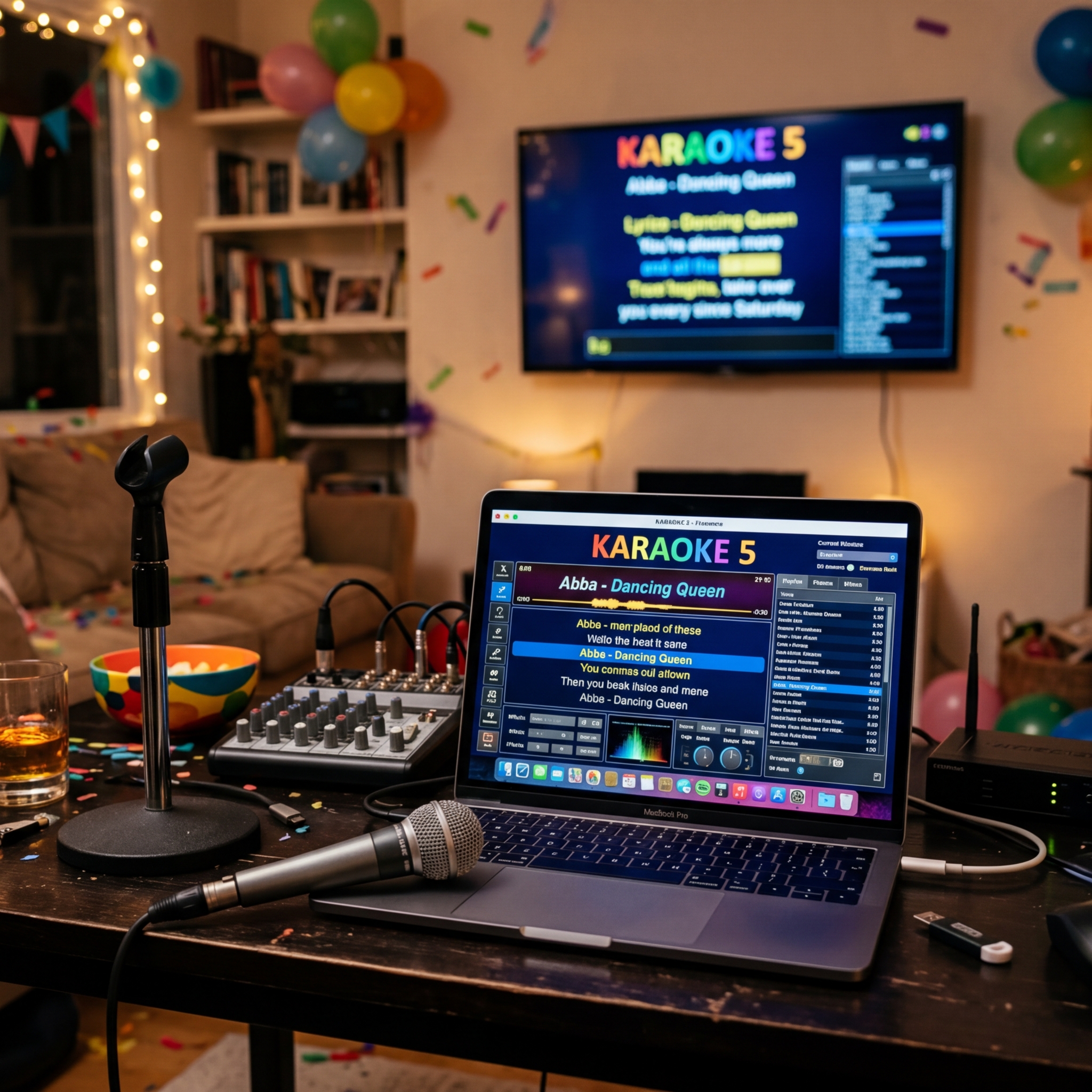 Karaoke-Bildschirm mit Musiktexten und Mikrofon im Wohnzimmer