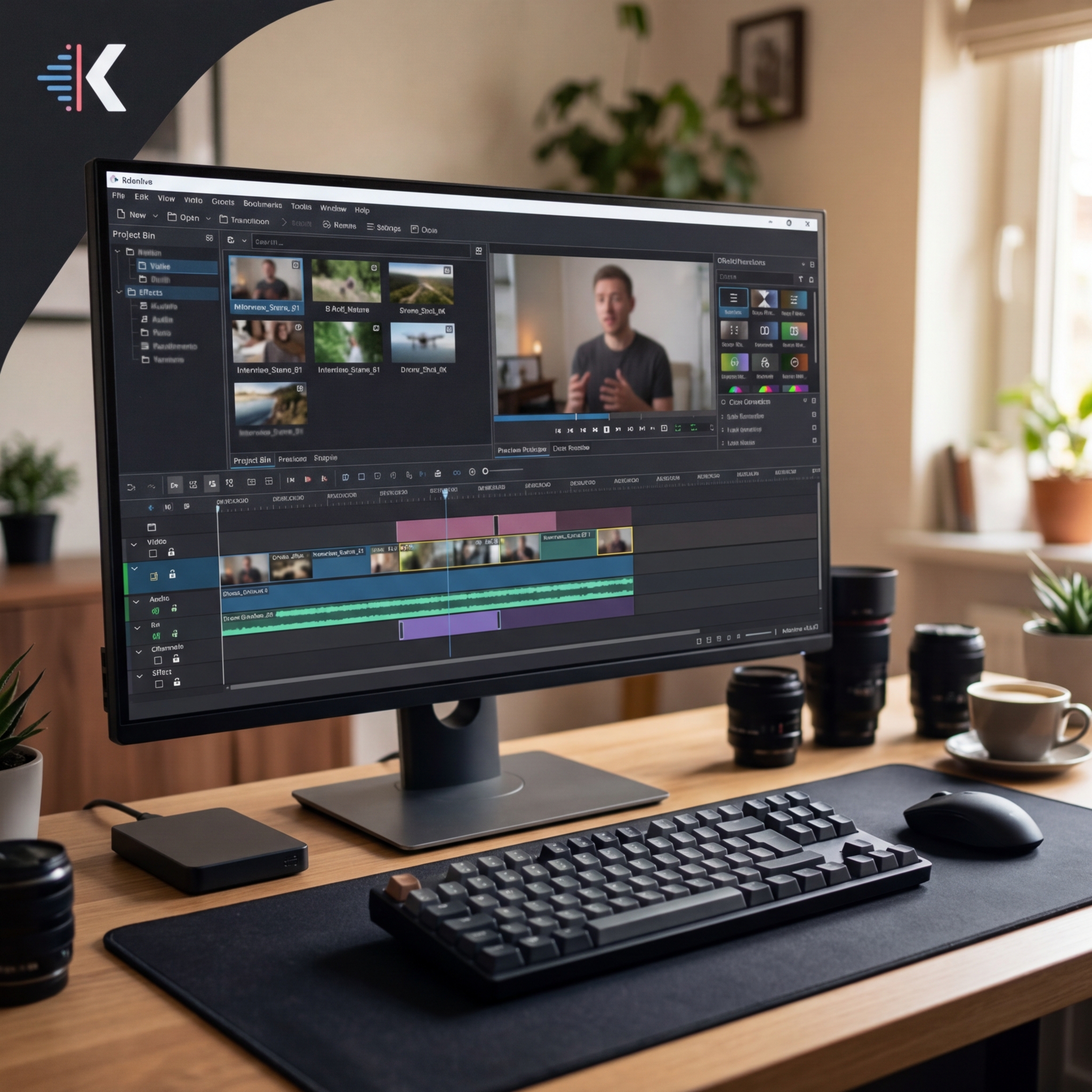 Bildschirm mit Videobearbeitungssoftware und Tastatur auf einem Schreibtisch