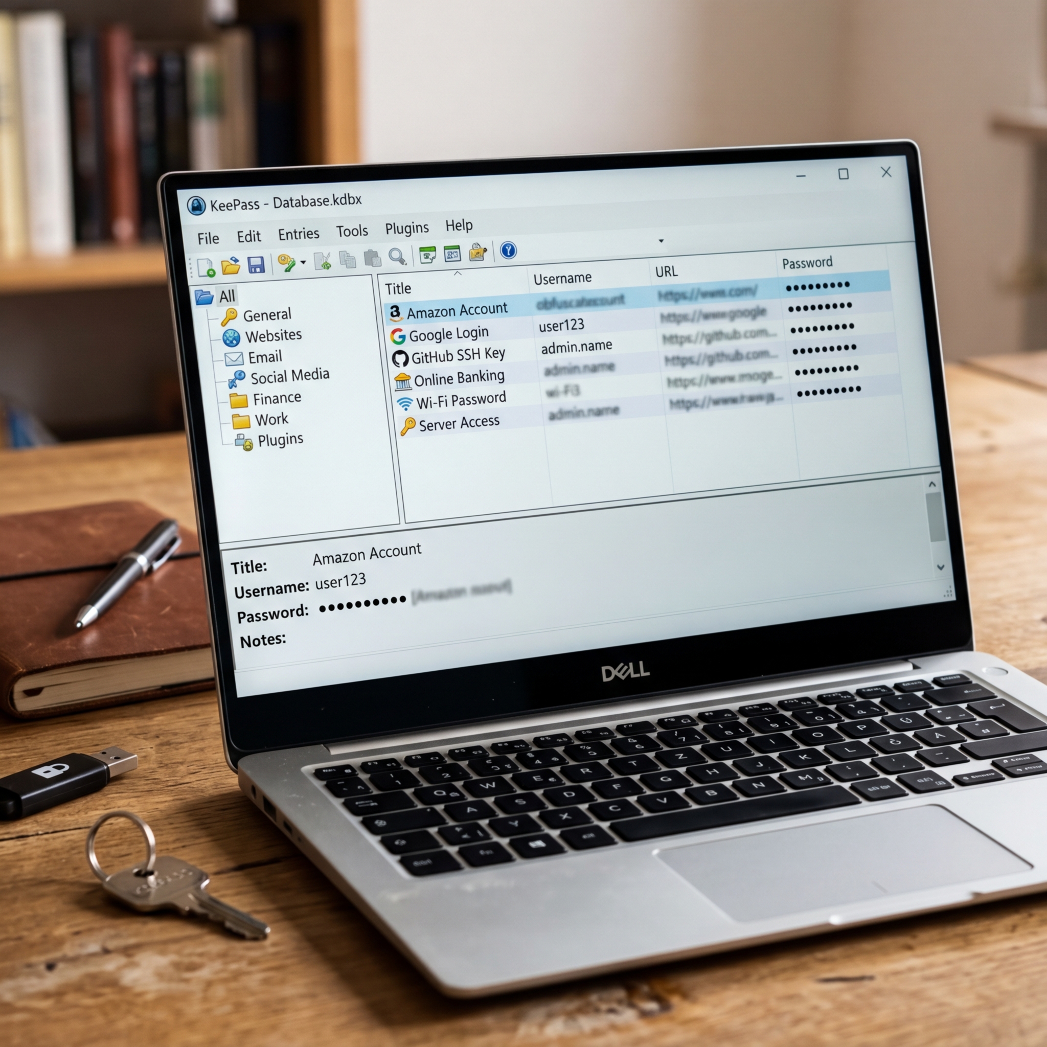 Laptop zeigt KeePass Passwortdatenbank mit verschiedenen Einträgen und verschlüsselten Passwörtern.