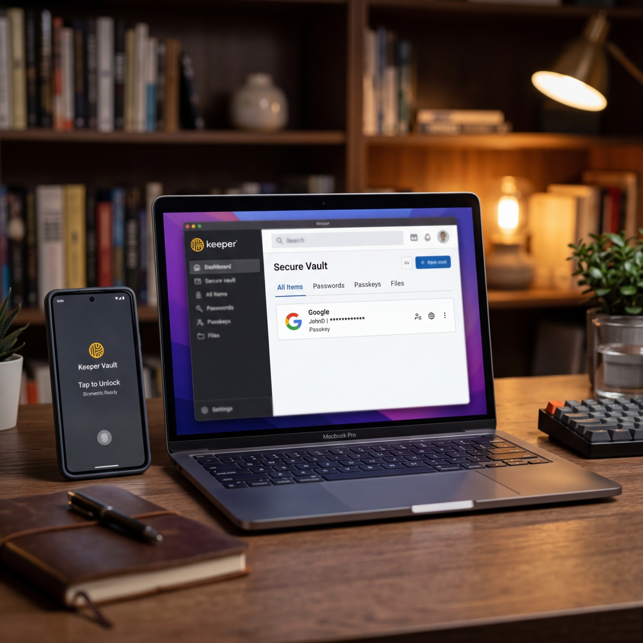 Screenshot der Keeper Vault-App auf einem MacBook Pro und Smartphone.