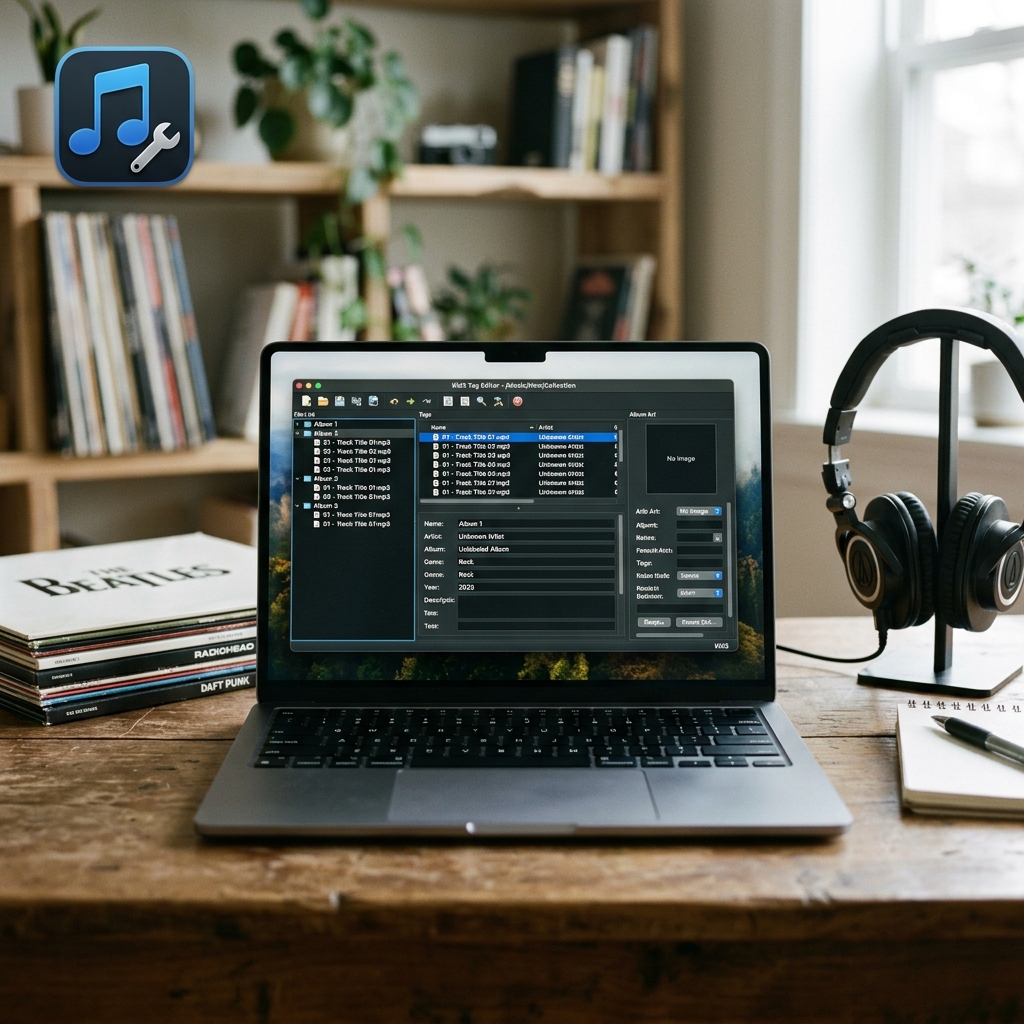 Laptop mit Musiksoftware und Schallplattensammlung