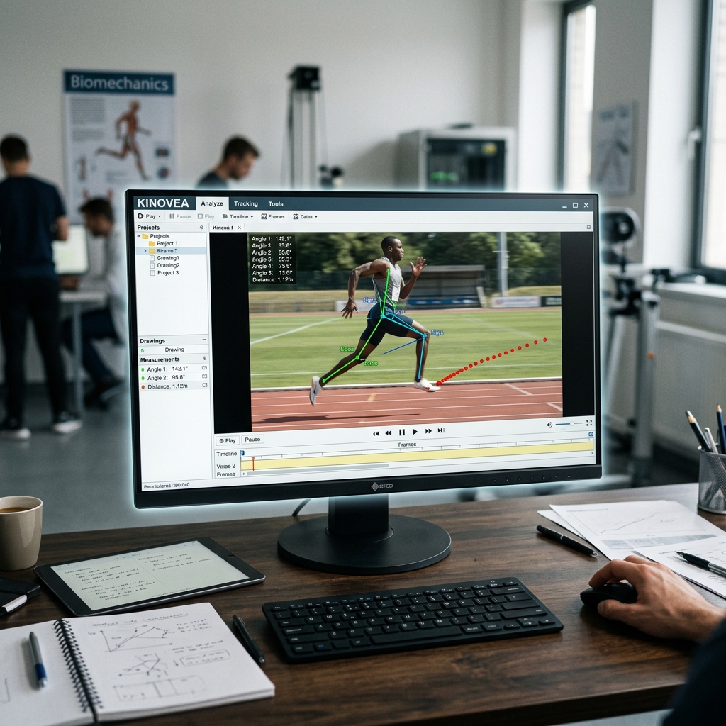 Computeranalyse der biomechanischen Daten eines Athleten im Sprint.