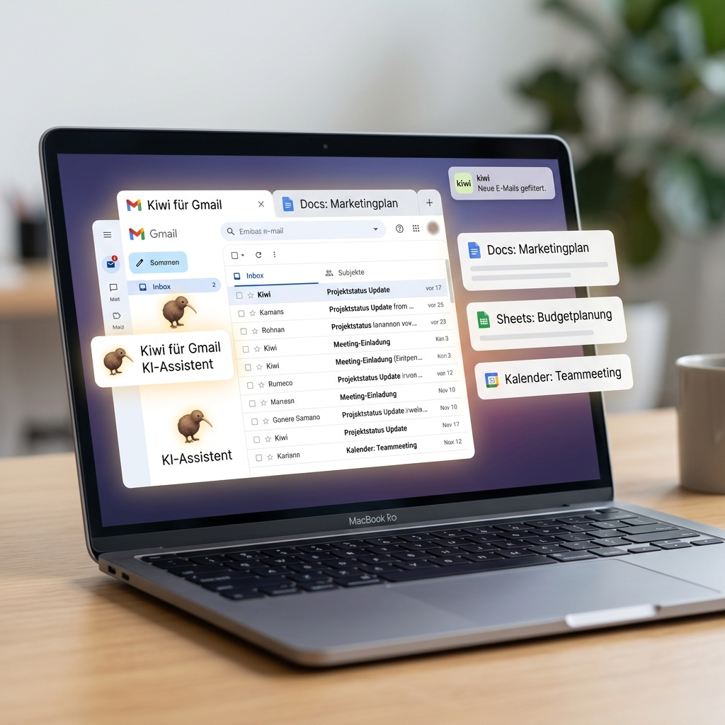 Laptop zeigt E-Mail-Management mit KI-Assistent auf dem Bildschirm