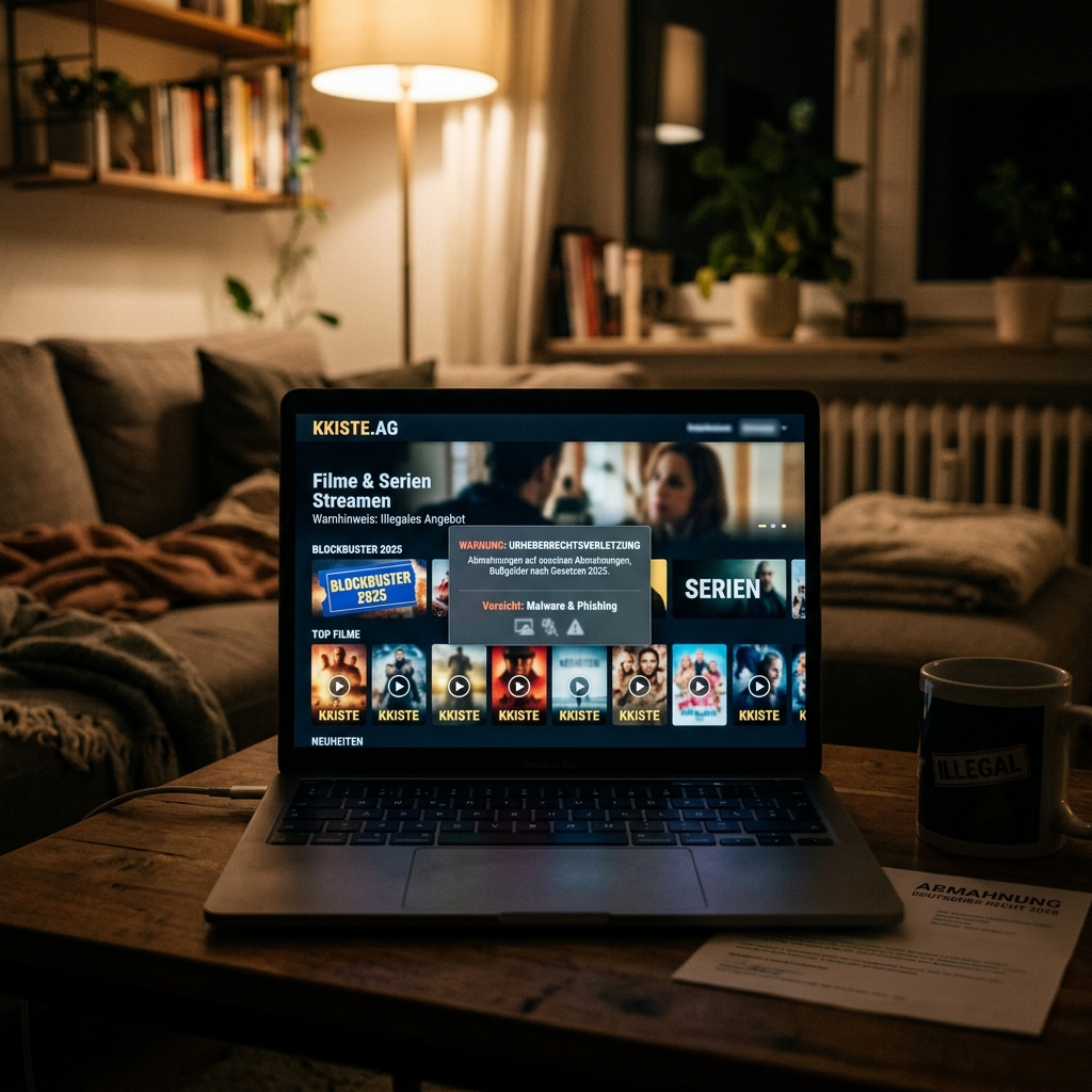 Laptop zeigt eine Streaming-Plattform im Wohnzimmer