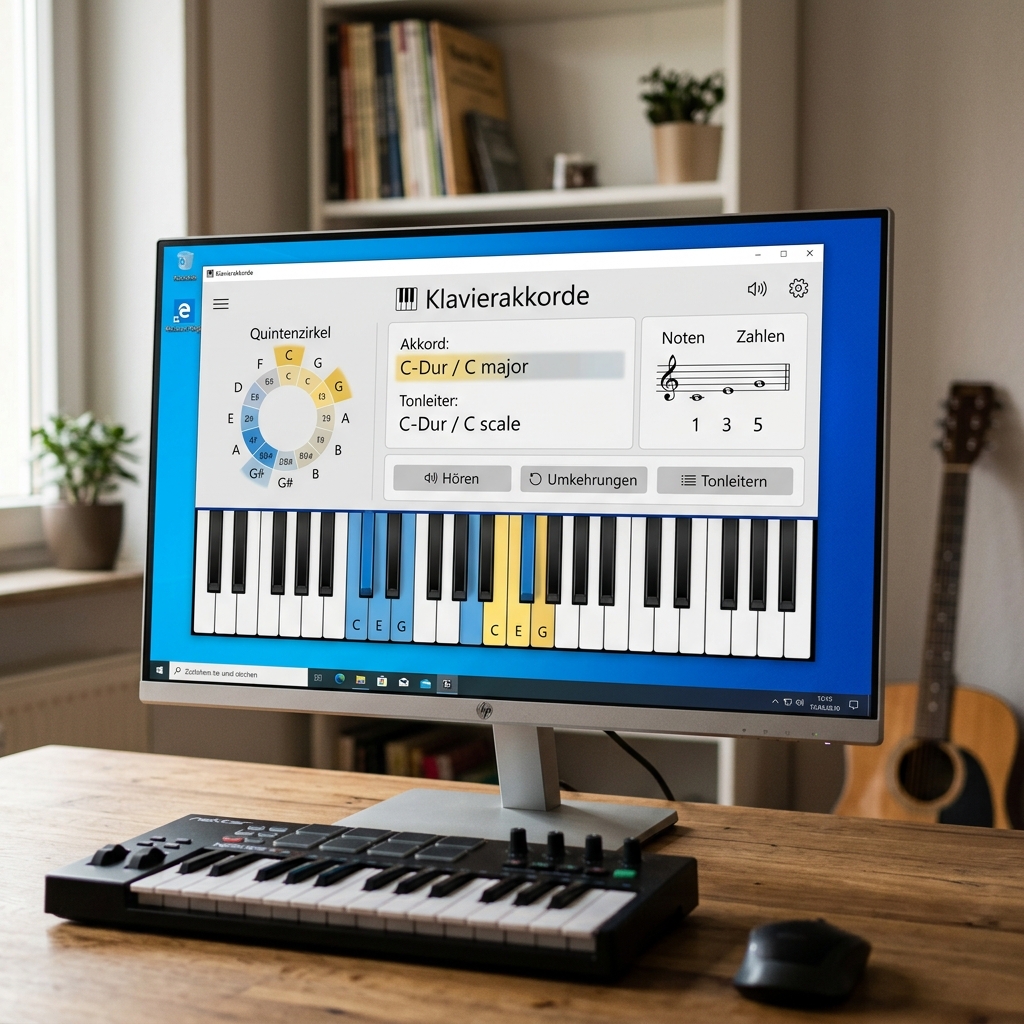 Bildschirm mit Klavierakkorde Software und Midi-Keyboard.