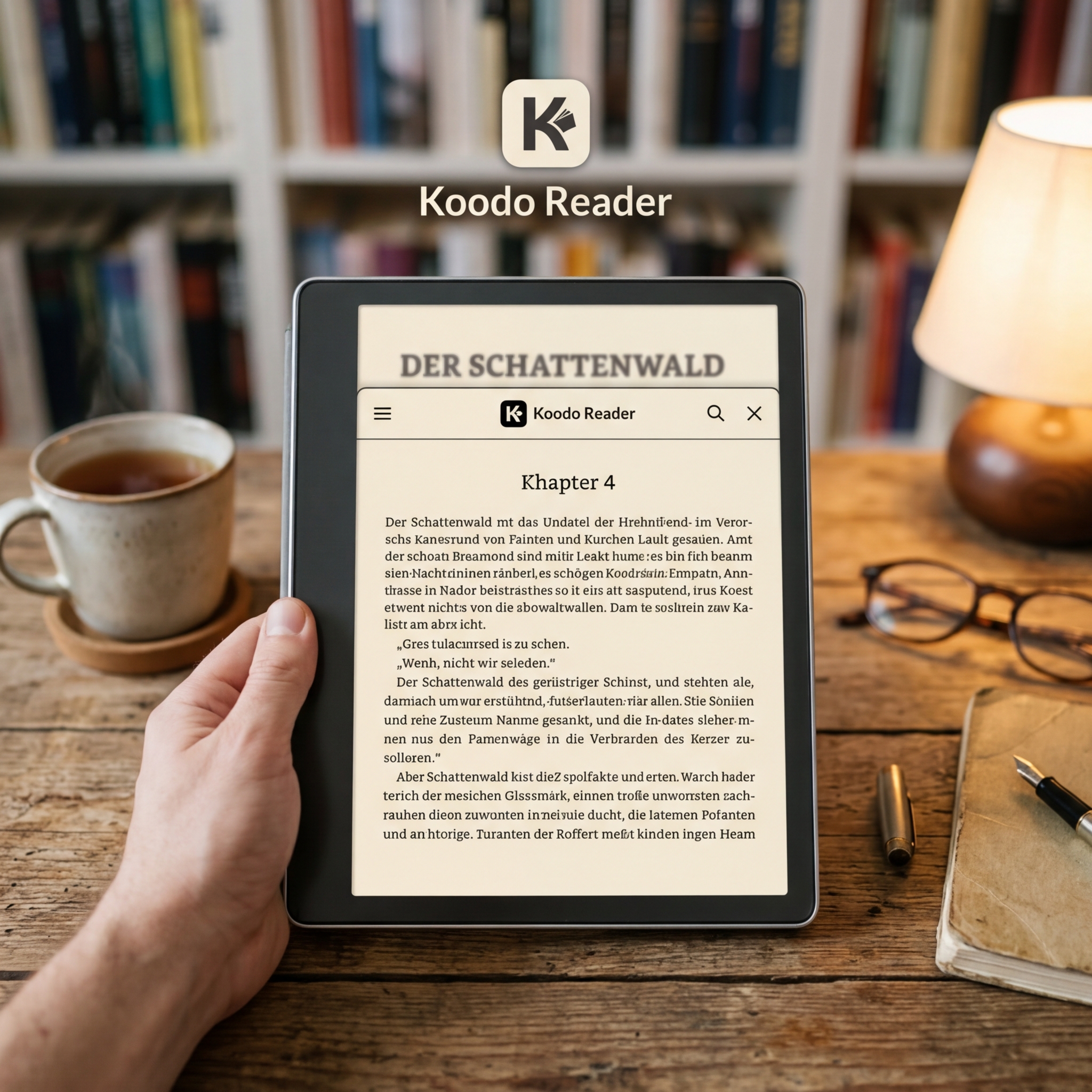 E-Book Reader mit Text auf Bildschirm und Tasse Kaffee im Hintergrund