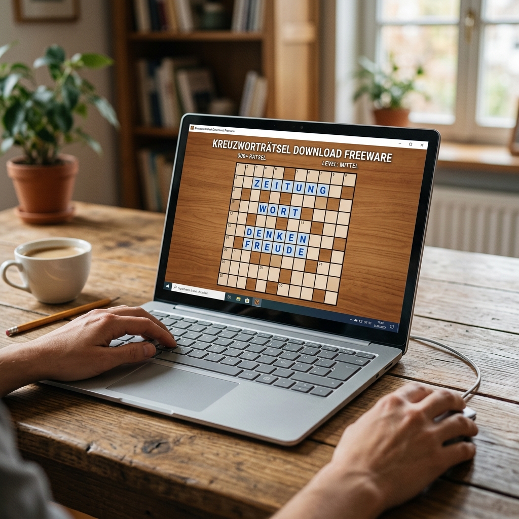 Laptop mit Kreuzworträtselspiel auf dem Bildschirm