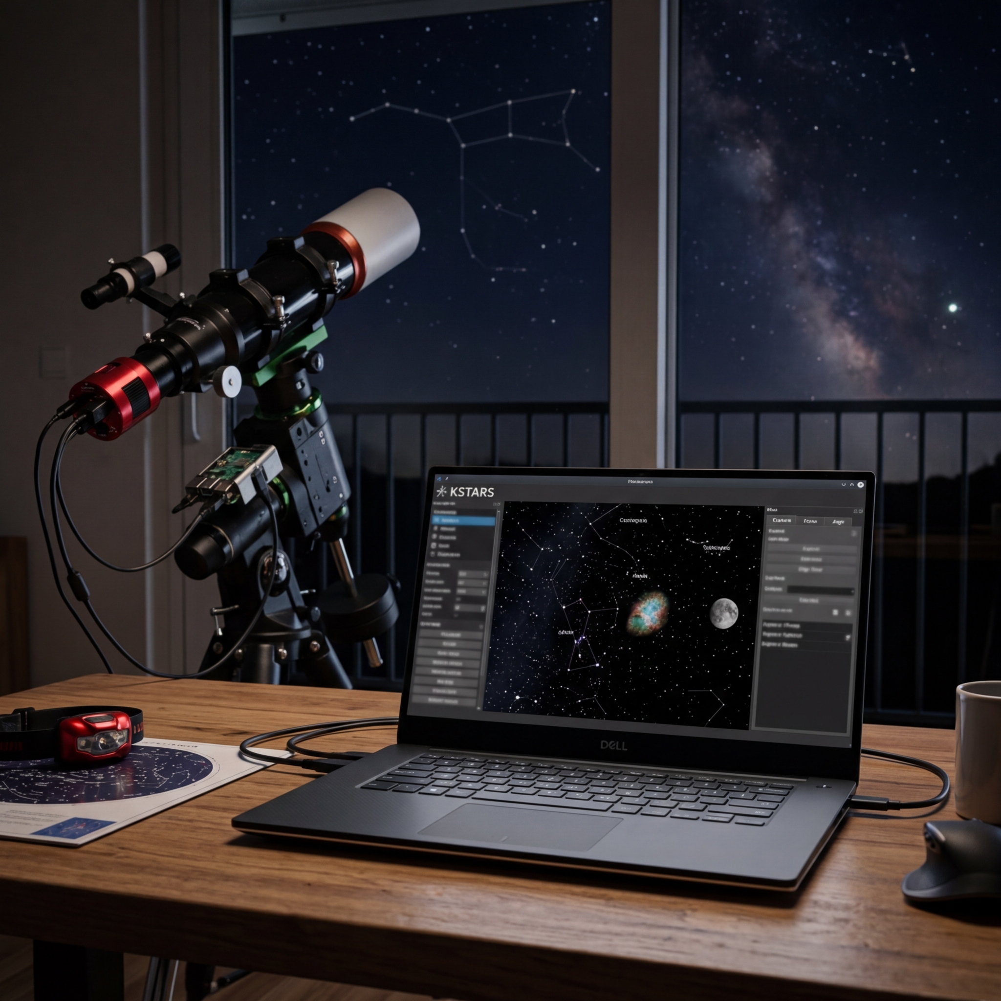 Laptop mit Astronomie-Software und Teleskop vor dem Nachthimmel