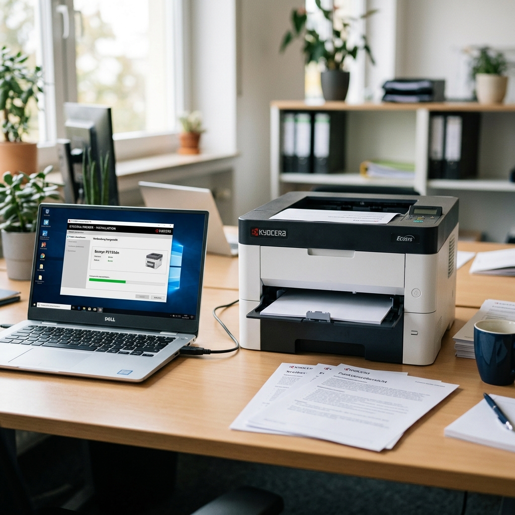 Ein Laptop und ein Drucker stehen auf einem Schreibtisch im Büro.