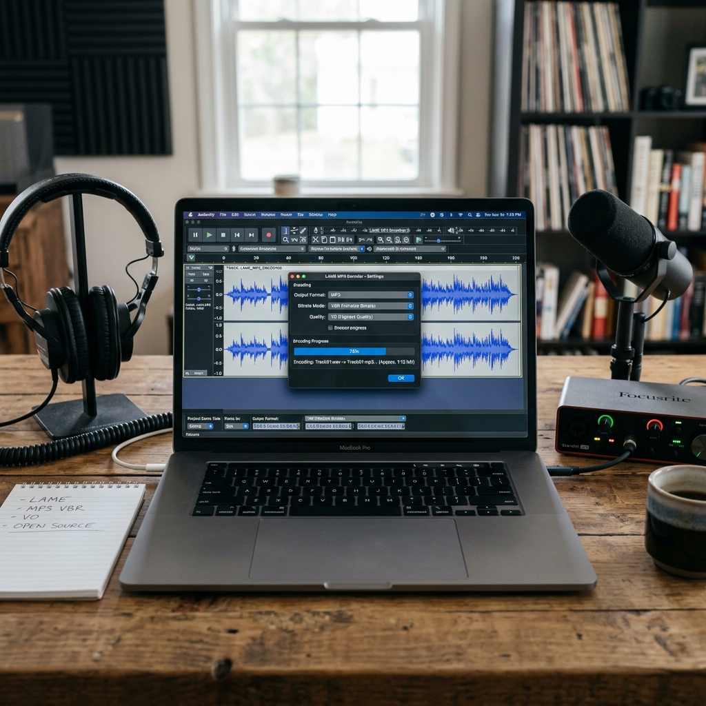 Laptop mit Audio-Software, Kopfhörern und Mikrofon auf einem Tisch