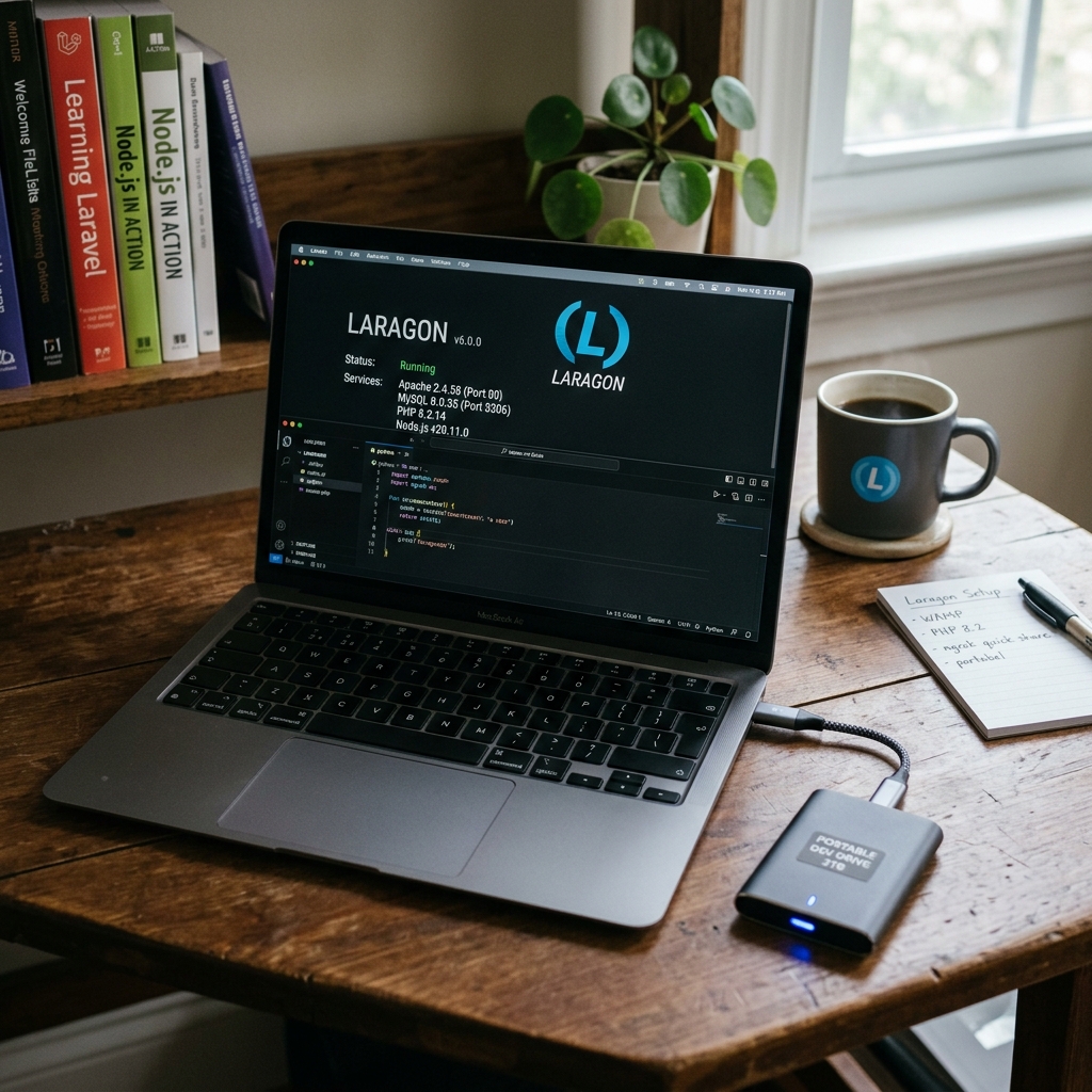 Laptop auf einem Tisch mit Laragon-Software und Zubehör.