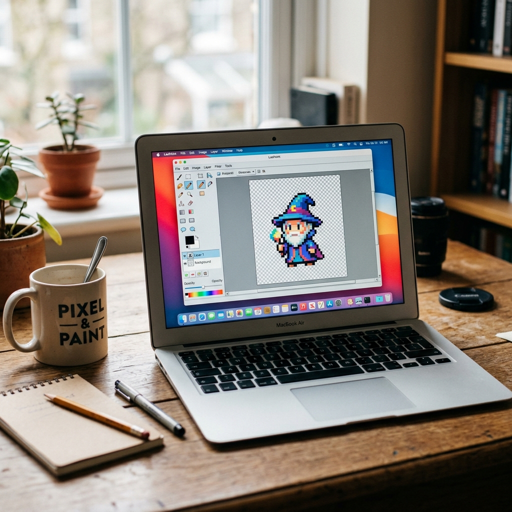 Laptop mit Pixel-Art auf dem Bildschirm und Utensilien im Hintergrund