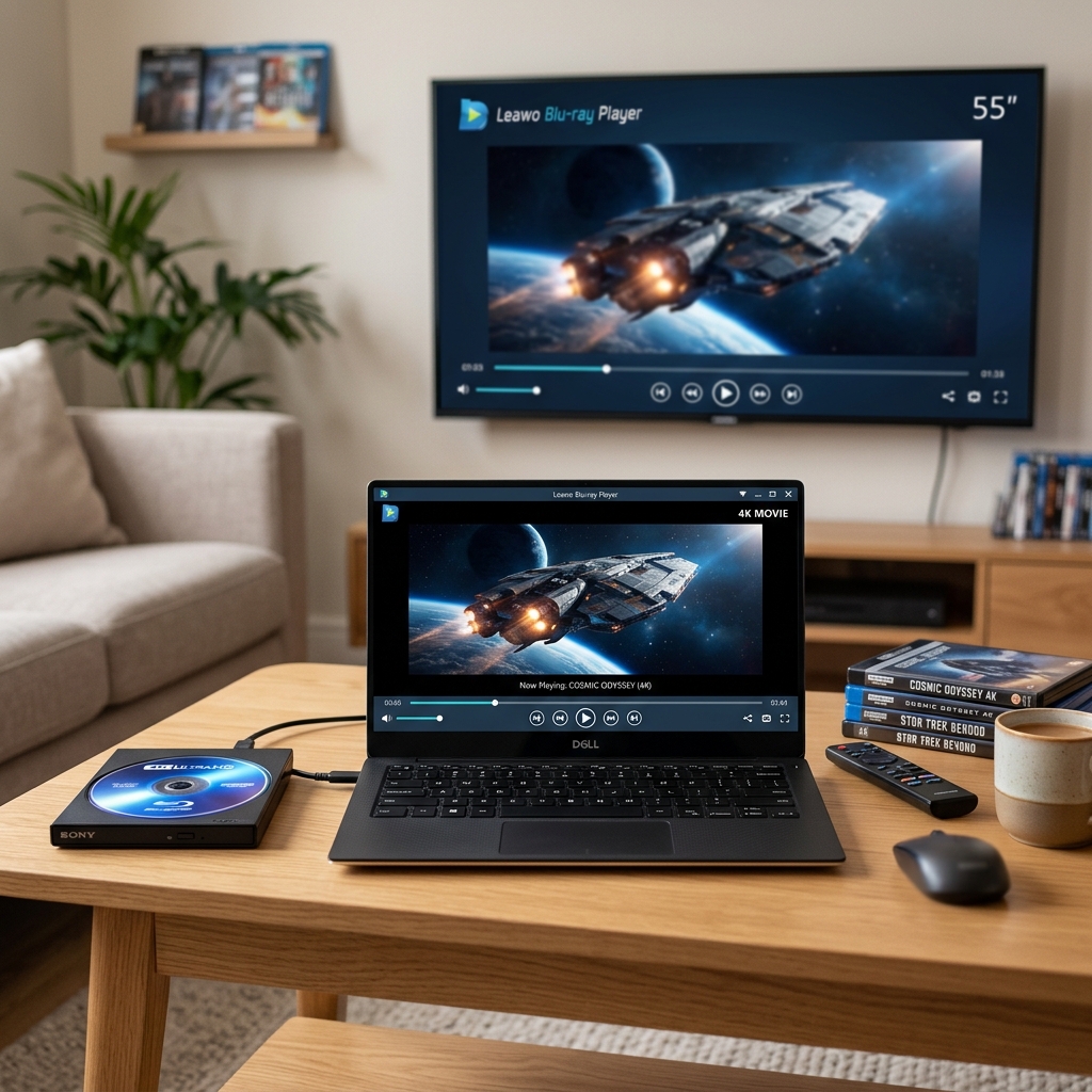 Laptop und Fernseher mit Blu-ray-Player und Sci-Fi Film