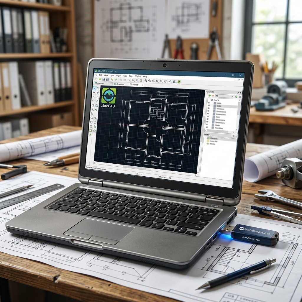 Laptop zeigt LibreCAD Programm mit technischen Zeichnungen auf dem Tisch