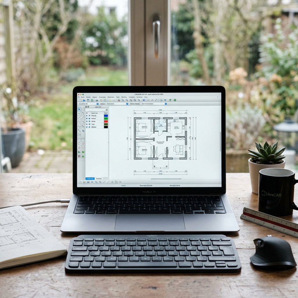 Laptop mit Architekturplan und Zubehör auf einem Tisch