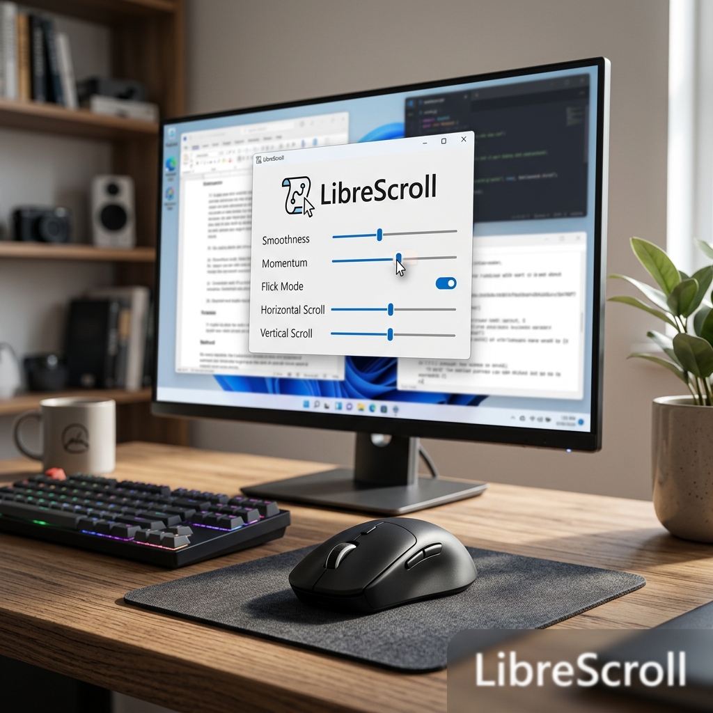 Screenshot of LibreScroll settings on a computer monitor with keyboard and mouse