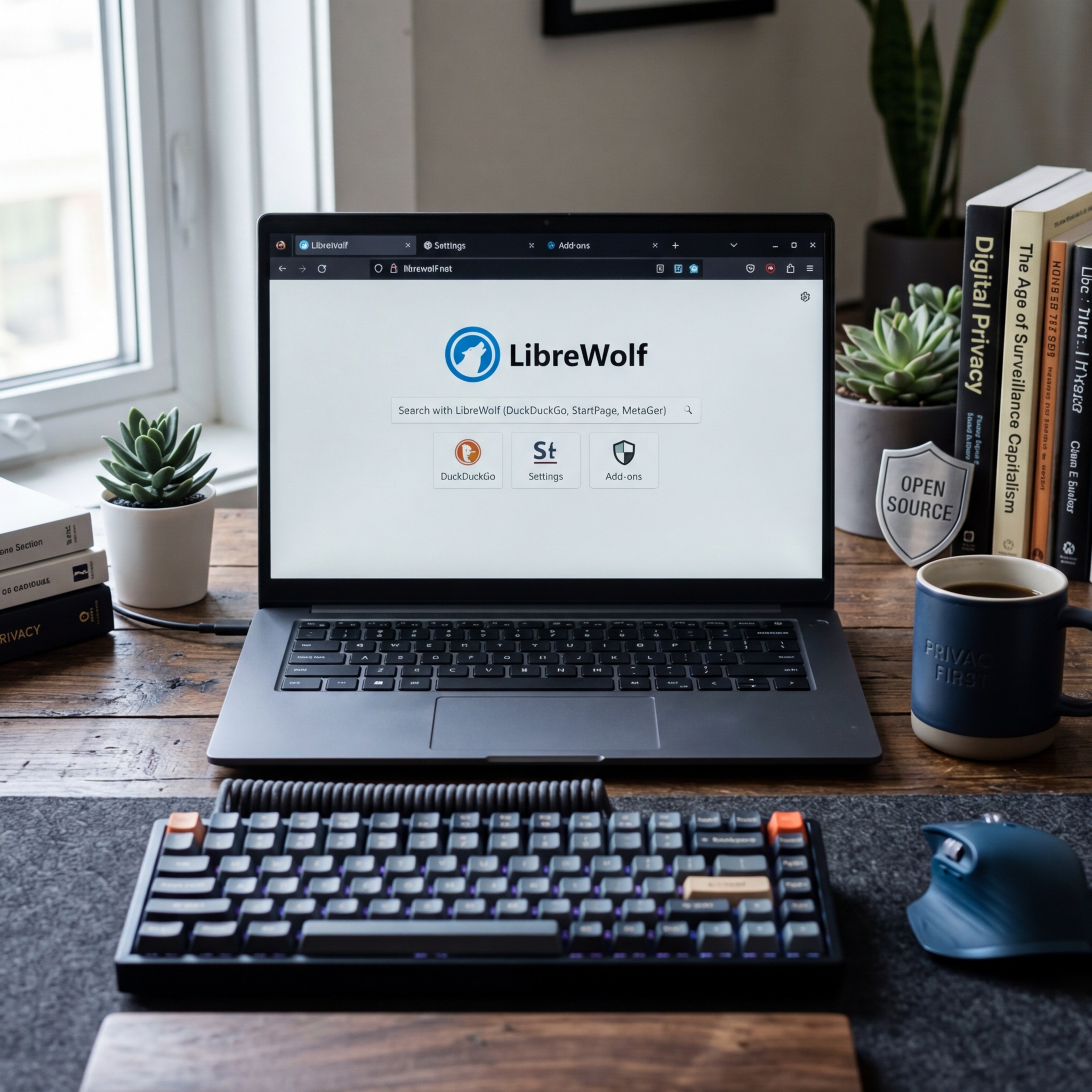 Laptop Bildschirm mit LibreWolf Browser und Arbeitsutensilien