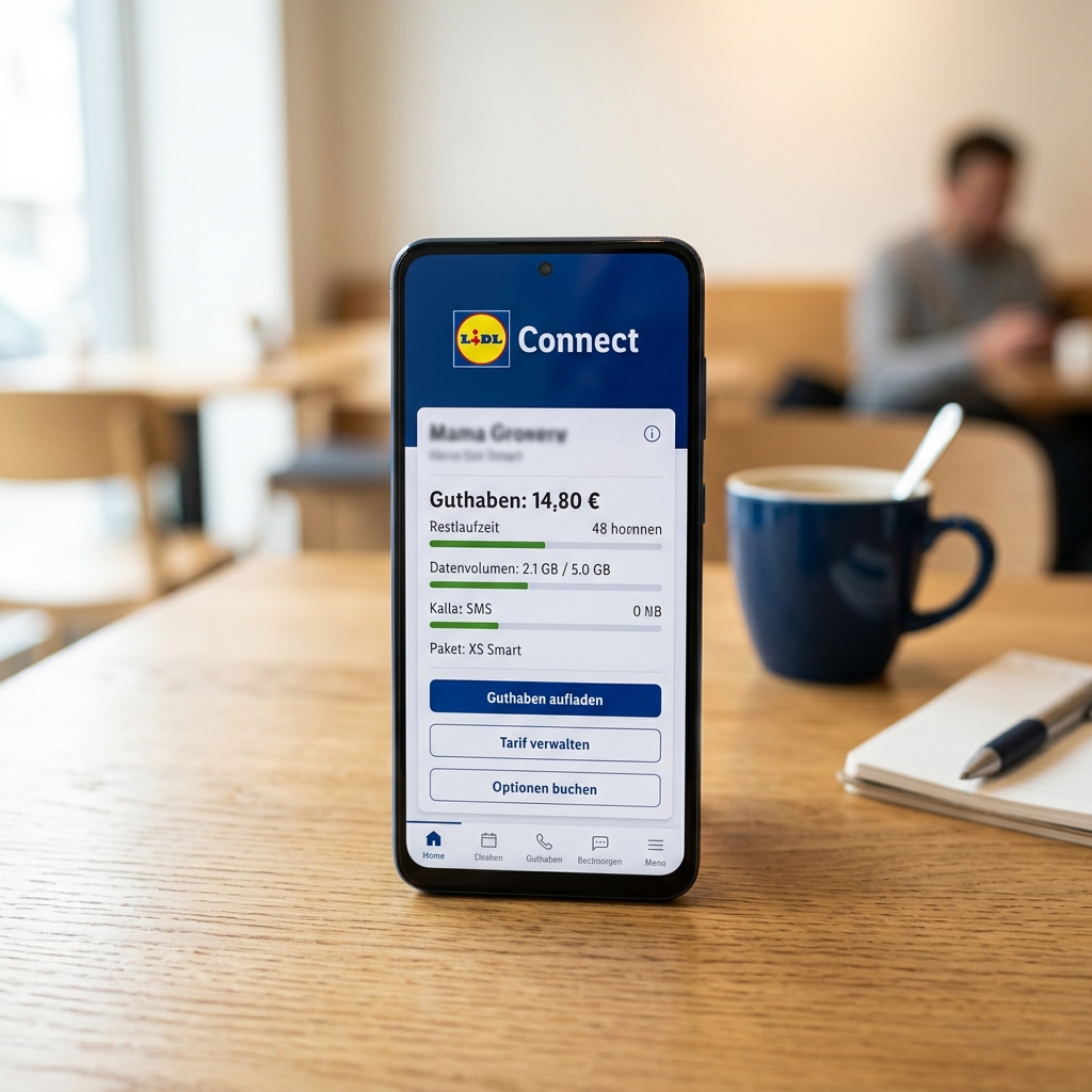Smartphone zeigt Lidl Connect App mit Guthaben-Informationen.