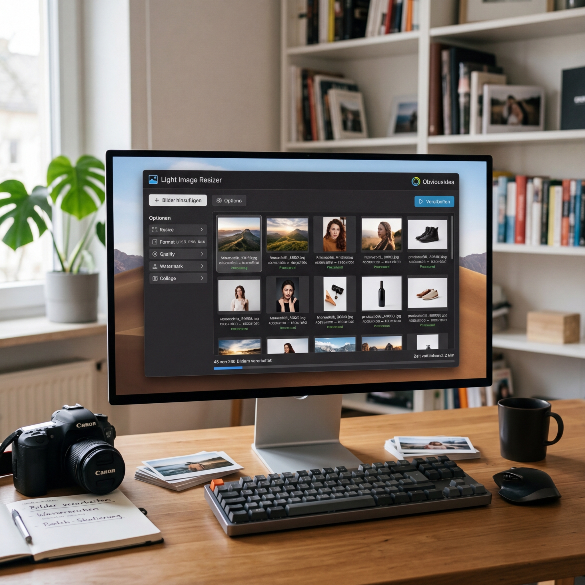Bildbearbeitungssoftware auf einem Computerbildschirm mit Kamera und Zubehör