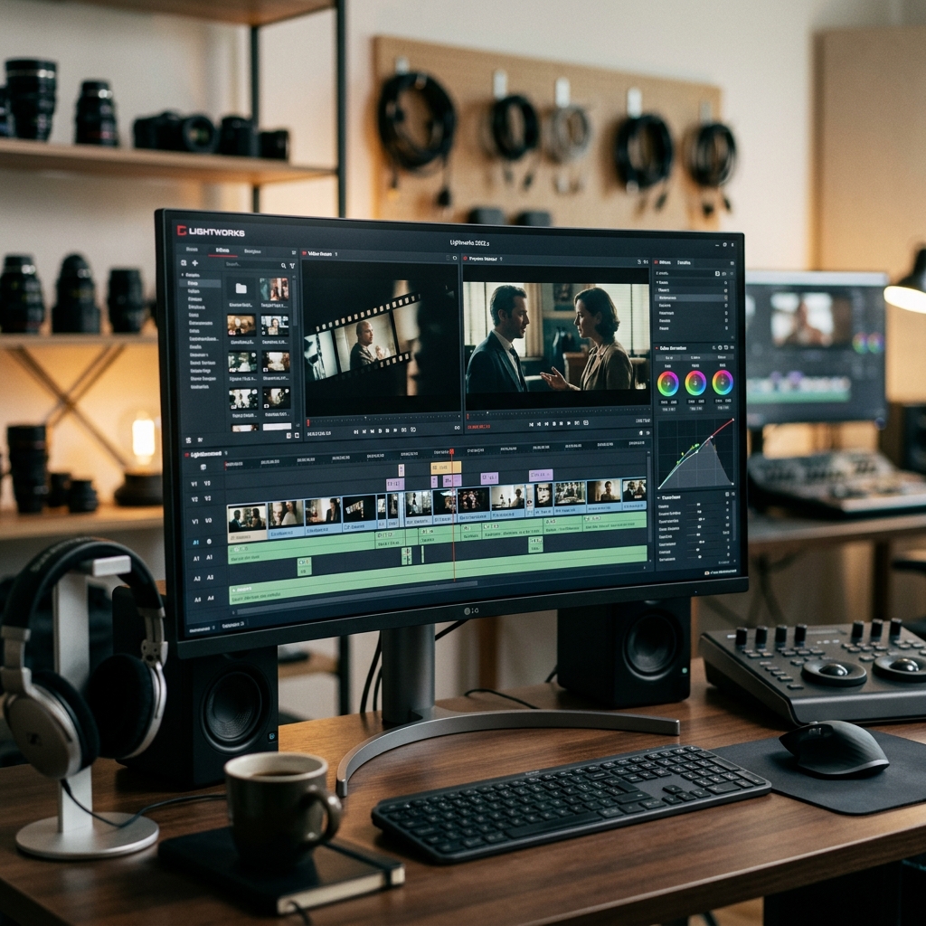 Moderner Computermonitor mit Videobearbeitungssoftware und Zubehör
