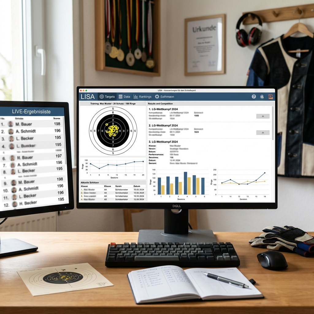 Computerbildschirm zeigt Schießsporterg Ergebnisse und Grafiken an.