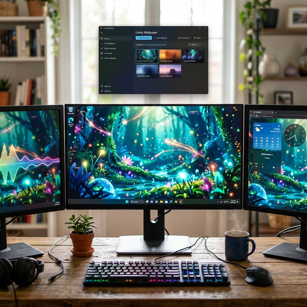 Dual-Monitor-Setup-an-einem-Holztisch-mit-Tastatur-und-Becher
