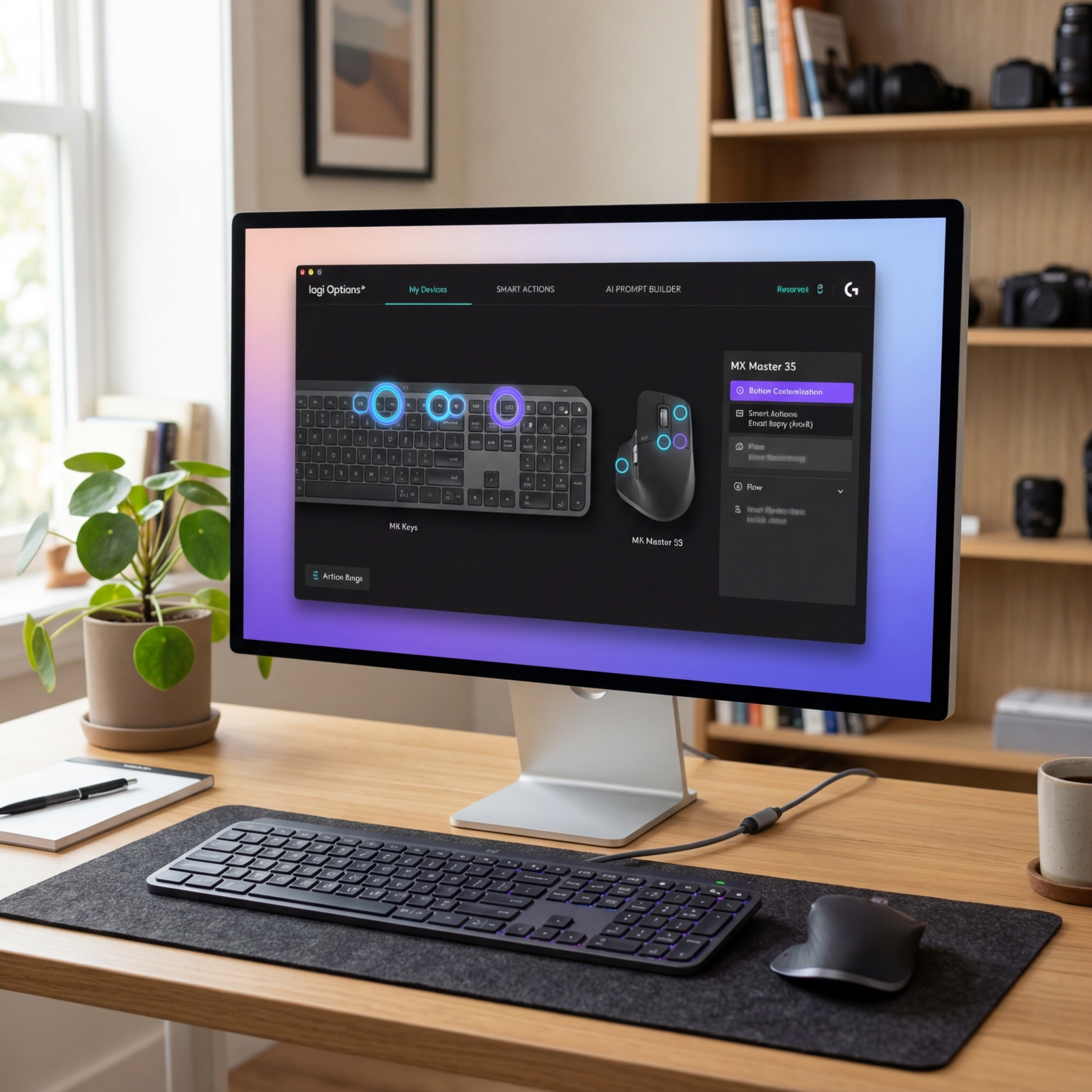 Einstellungen für Logitech MX Tastatur und Maus auf einem Computerbildschirm.