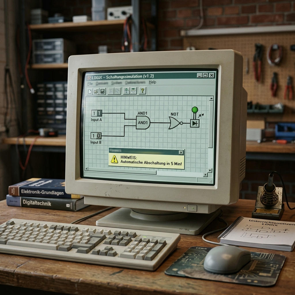 Alter Computer mit Schaltungssimulation auf dem Bildschirm