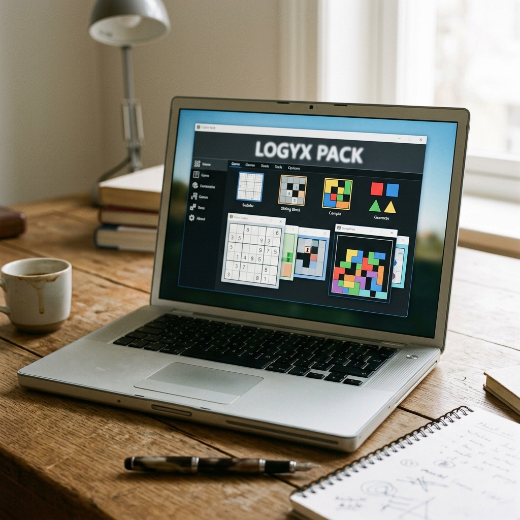 Laptop zeigt Logyx Pack mit verschiedenen Spielen und Rätseln
