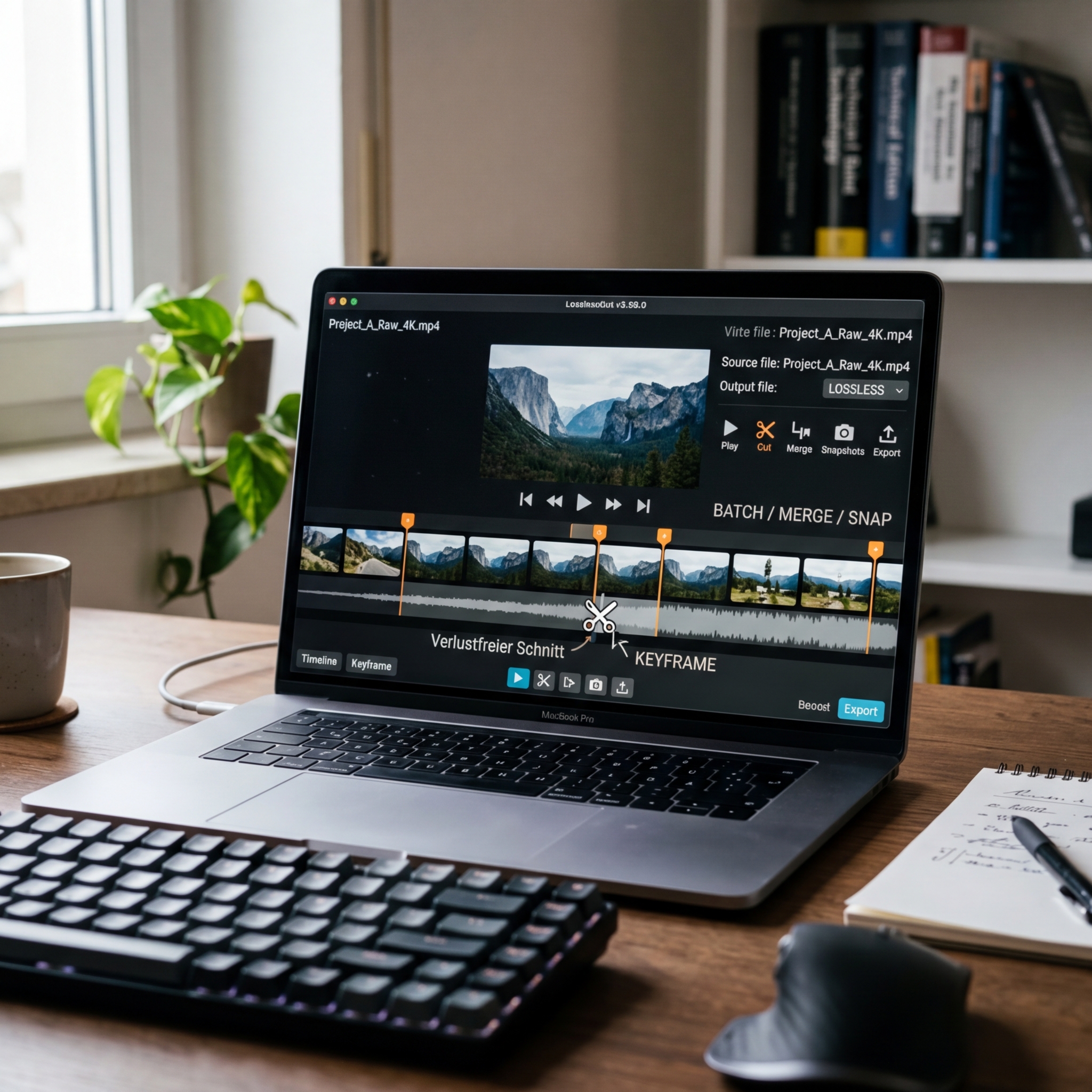 Laptop zeigt Videobearbeitungssoftware mit Landschaftsbild und Steuerelementen.