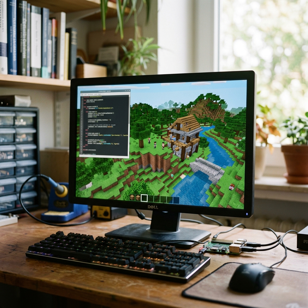 Bildschirm mit Minecraft Spielszene und Programmiercode
