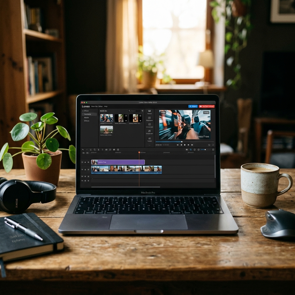 Laptop auf einem Schreibtisch mit Pflanze und Tasse