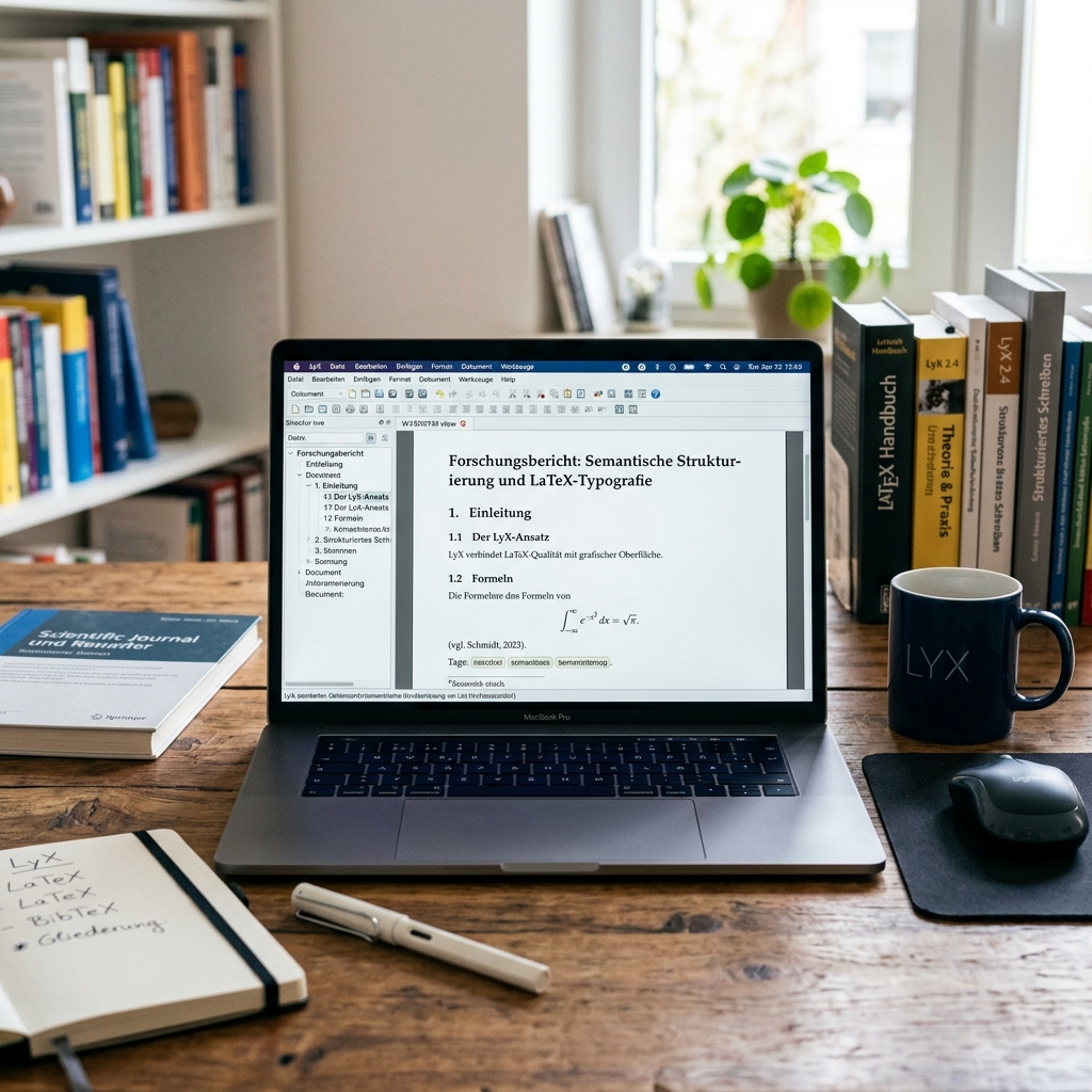 Laptop mit Forschungsbericht und LaTeX-Dokumentation auf einem Holztisch