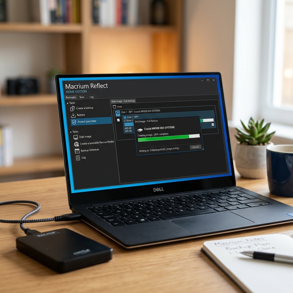 Screenshot von Macrium Reflect auf einem Dell Laptop mit externem Laufwerk.