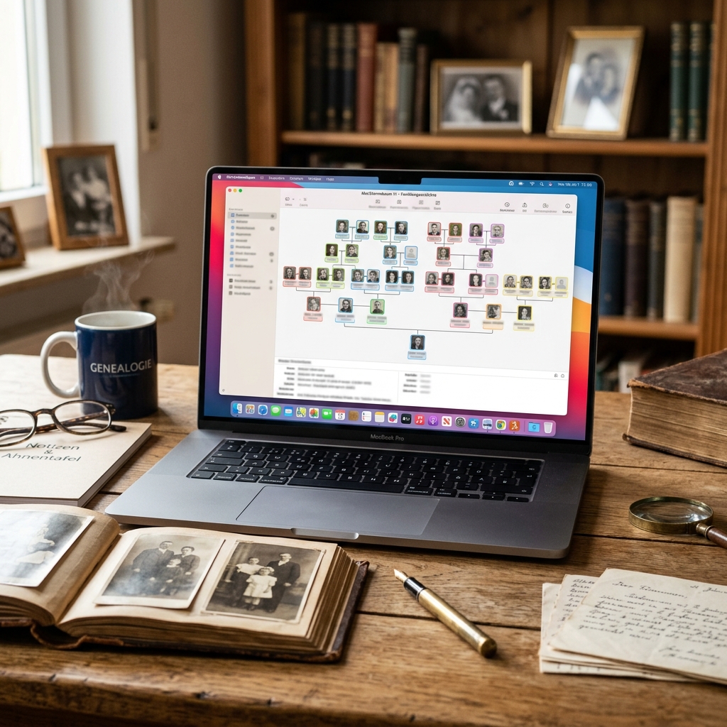 Laptop zeigt Familienbaum mit alten Fotos und Notizen auf Tisch