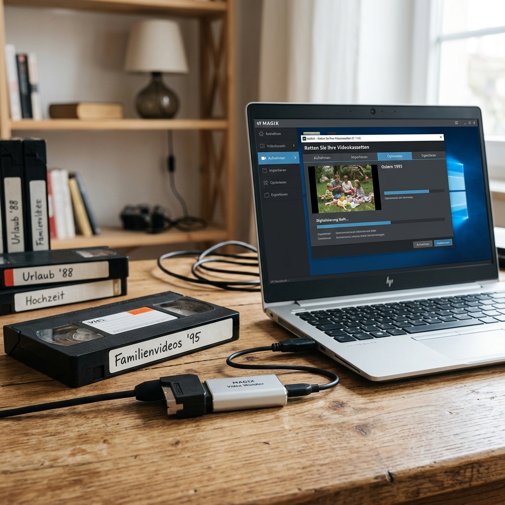 Laptop mit Software zur Digitalisierung von Videokassetten, umgeben von alten Videokassetten.