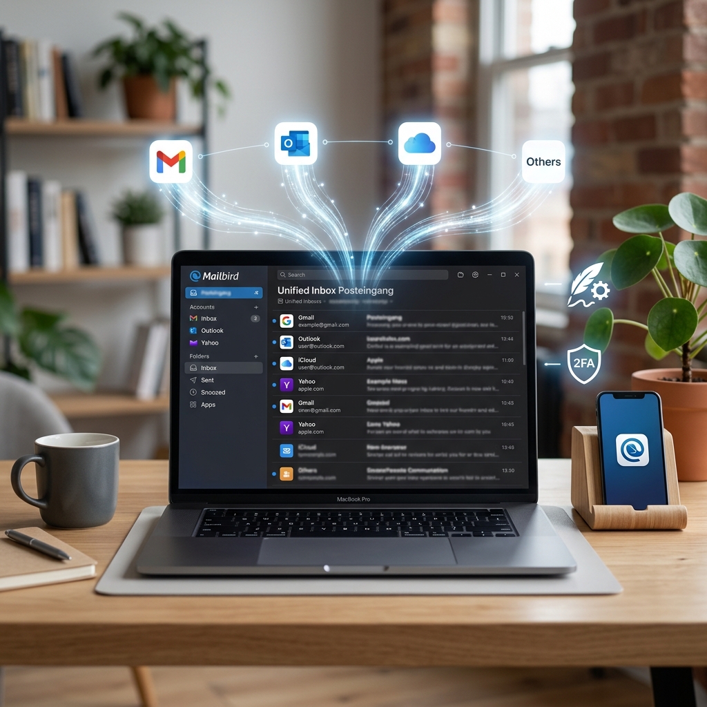 Laptop zeigt Mailbird App zur Verwaltung von E-Mails, mit Icons verschiedener Anbieter.