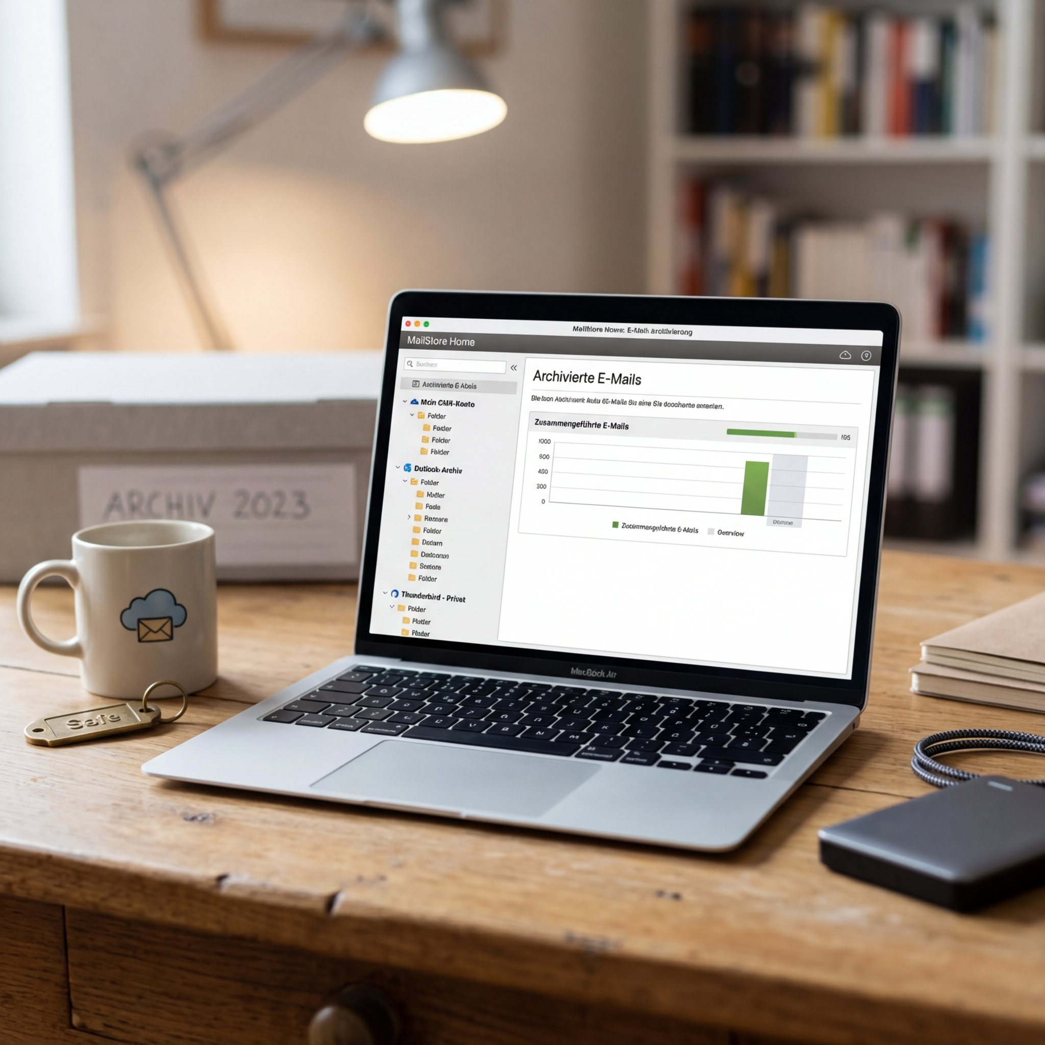 Laptop zeigt E-Mail-Archivierungssoftware auf einem Holzschreibtisch