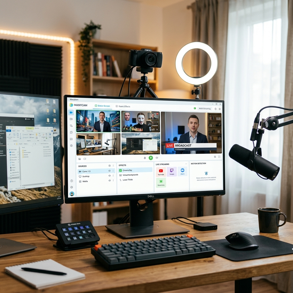Setup für Livestreaming mit Monitor, Kamera und Mikrofon.