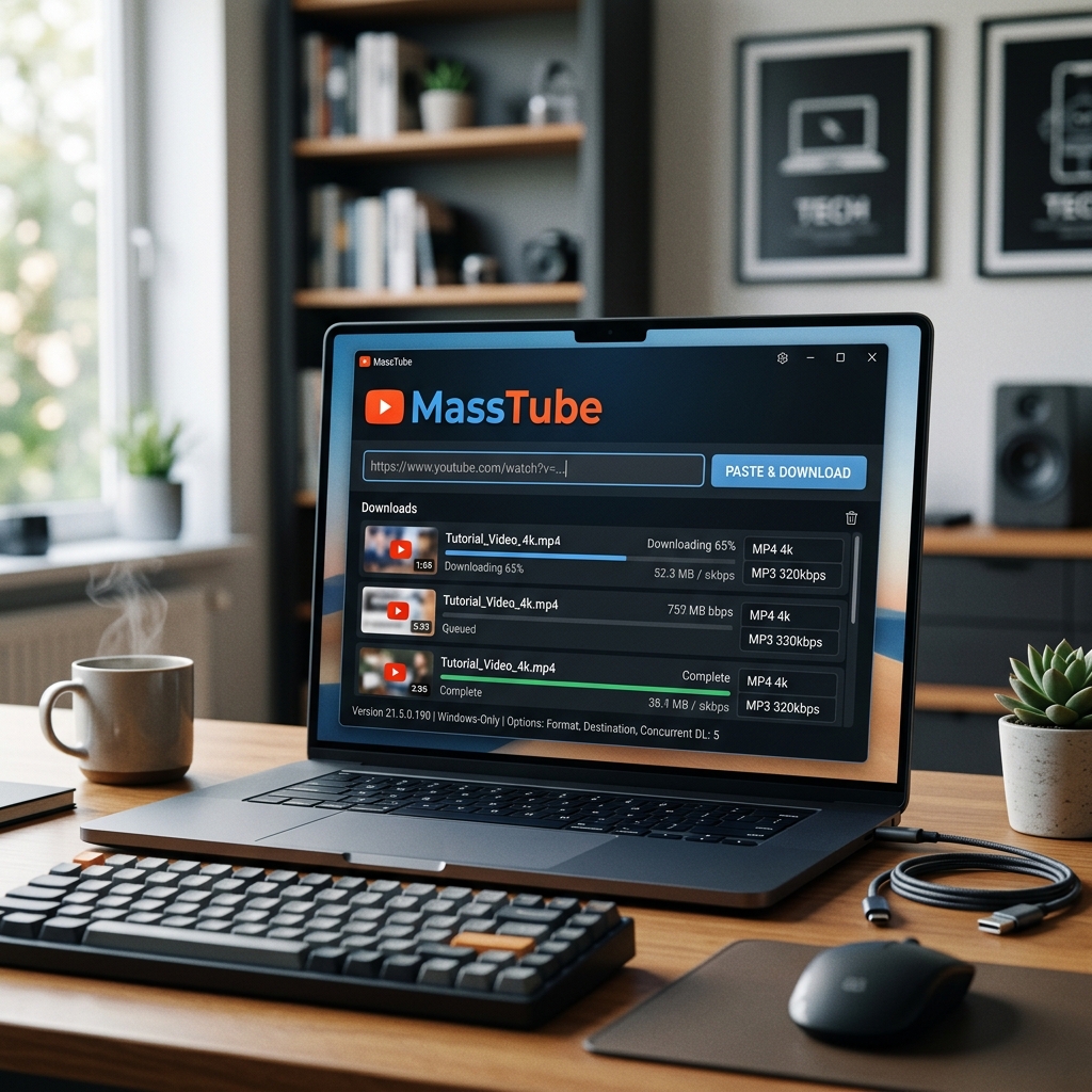 Bildschirm eines Laptops mit der MassTube-Anwendung und Download-Fortschritt